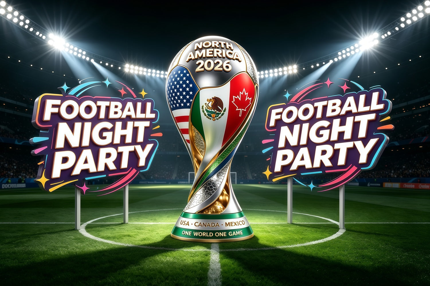 Stadium Night Party Backdrop North America Tricolor Trophy Spotlight 2026 Soccer Party Backdrop CSH64-95