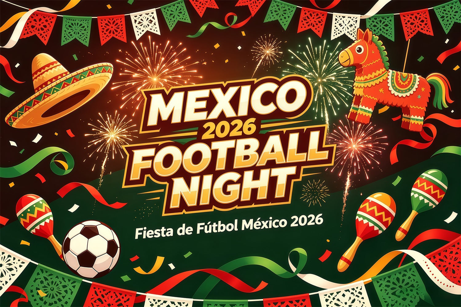 2026 Soccer Party Photo Booth Backdrop Mexican Fiesta Fireworks Celebration North America Soccer Fan Backdrop CSH64-98