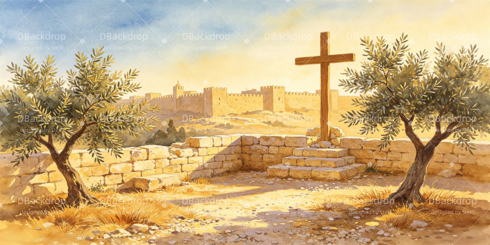 Biblical Backdrops Golden Cross Olive Grove Castle VBS Backdrops CSH64-T3
