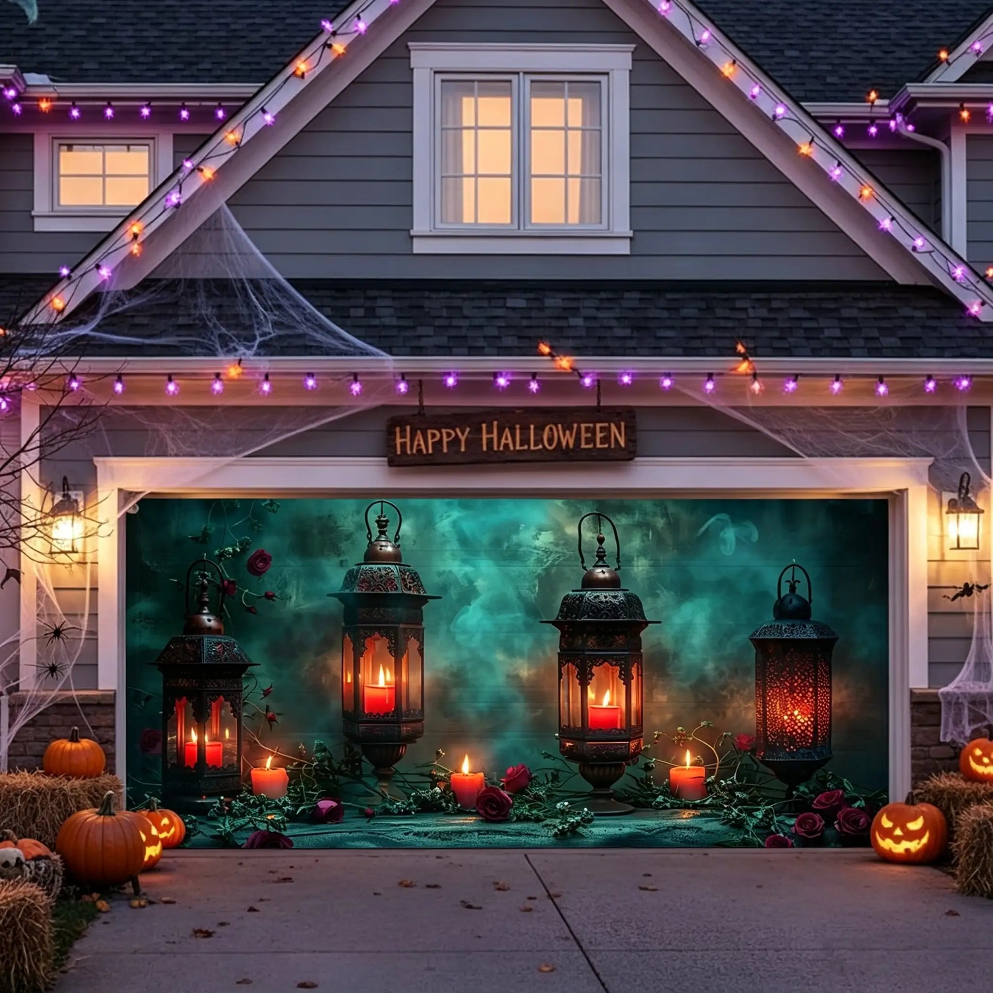 Halloween Backdrop Candlelit Rose Lantern Display Halloween Garage Door Banner CSH67-10