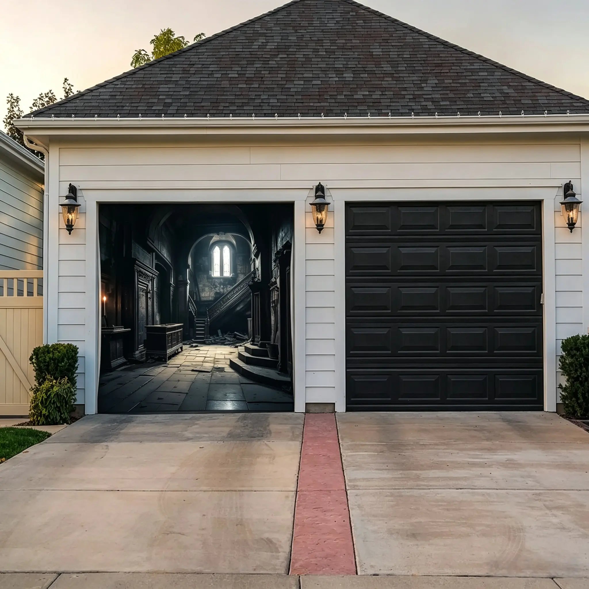 Halloween Creepy Backdrop Abandoned Gothic Staircase Hall Halloween Garage Door Cover CSH67-11
