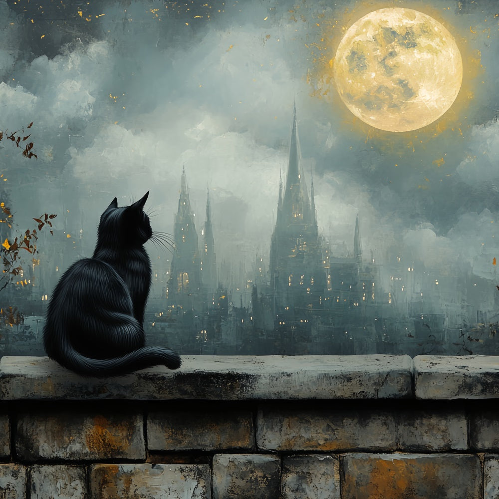 Halloween Moonlit Black Cat Castle Halloween Garage Door Banner CSH67-15
