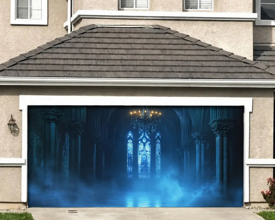 Halloween Gothic Backdrop Blue Mist Gothic Cathedral Halloween Garage Door Cover CSH67-16-2 car