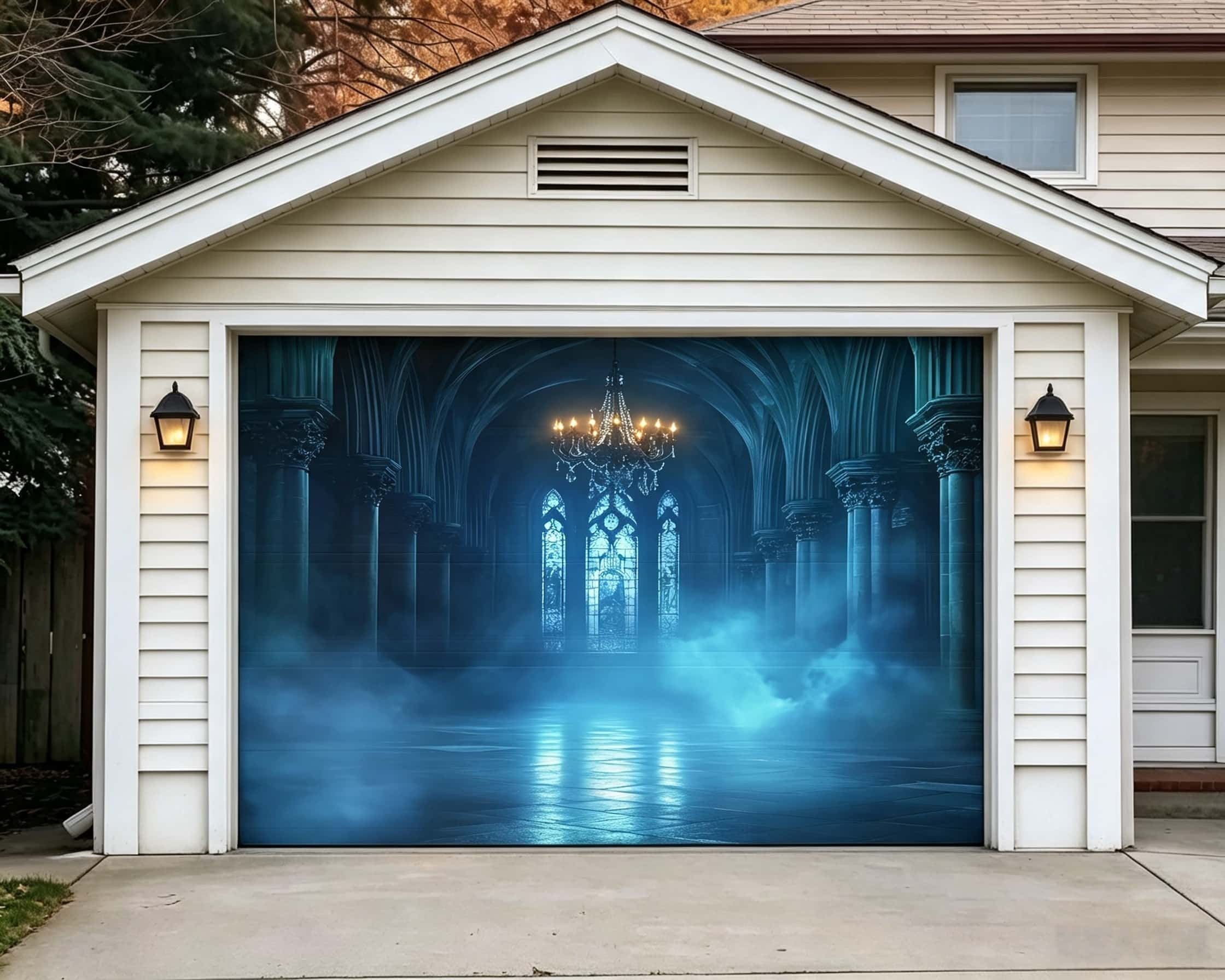 Halloween Gothic Backdrop Blue Mist Gothic Cathedral Halloween Garage Door Cover CSH67-16-1 car