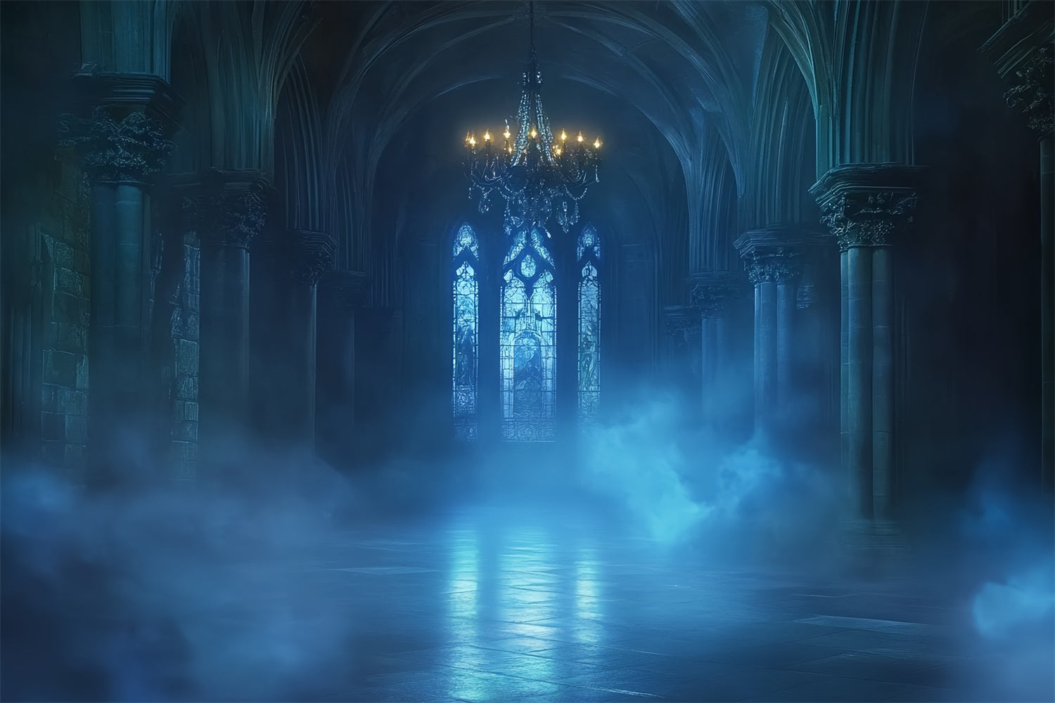 Halloween Gothic Backdrop Blue Mist Gothic Cathedral Halloween Garage Door Cover CSH67-16