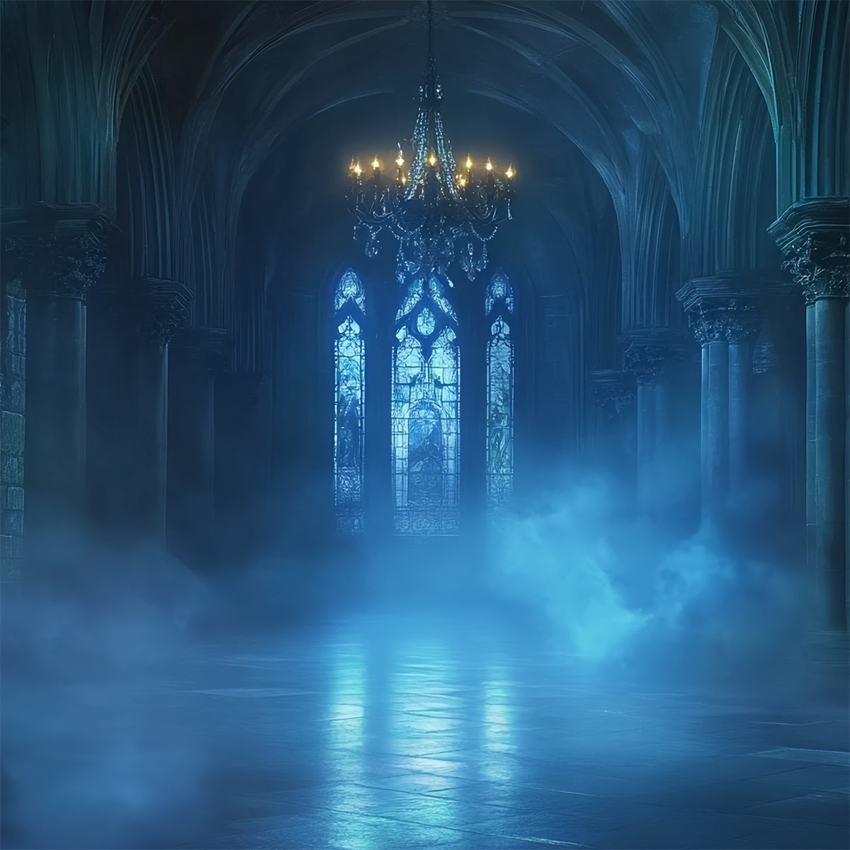Halloween Gothic Backdrop Blue Mist Gothic Cathedral Halloween Garage Door Cover CSH67-16