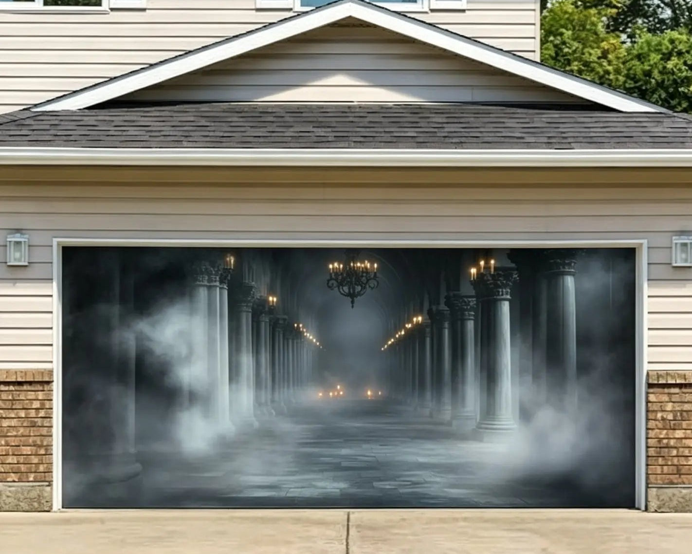Halloween Gothic Backdrop Foggy Candlelit Gothic Colonnade Halloween Garage Door Decorations CSH67-17-2 car