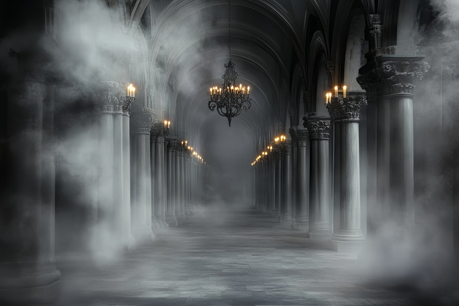 Halloween Gothic Backdrop Foggy Candlelit Gothic Colonnade Halloween Garage Door Decorations CSH67-17