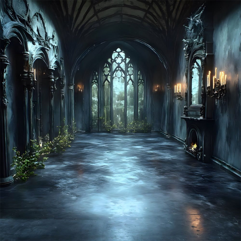 Spooky Halloween Backdrop Candlelit Gothic Ivy Hall Halloween Garage Door Decorations CSH67-2