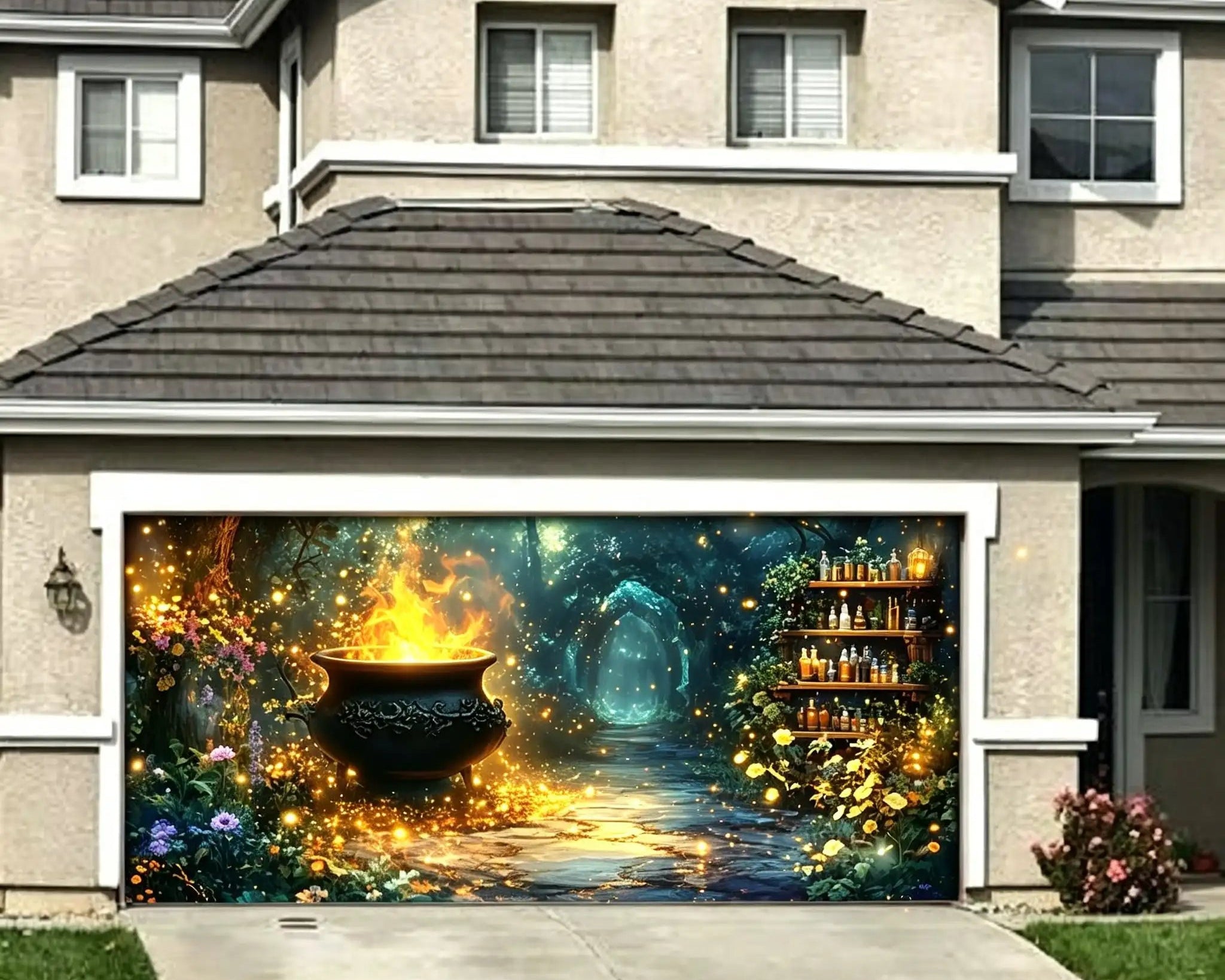Halloween Flaming Cauldron Enchanted Forest Outdoor Garage Door Banner CSH67-24-2 car
