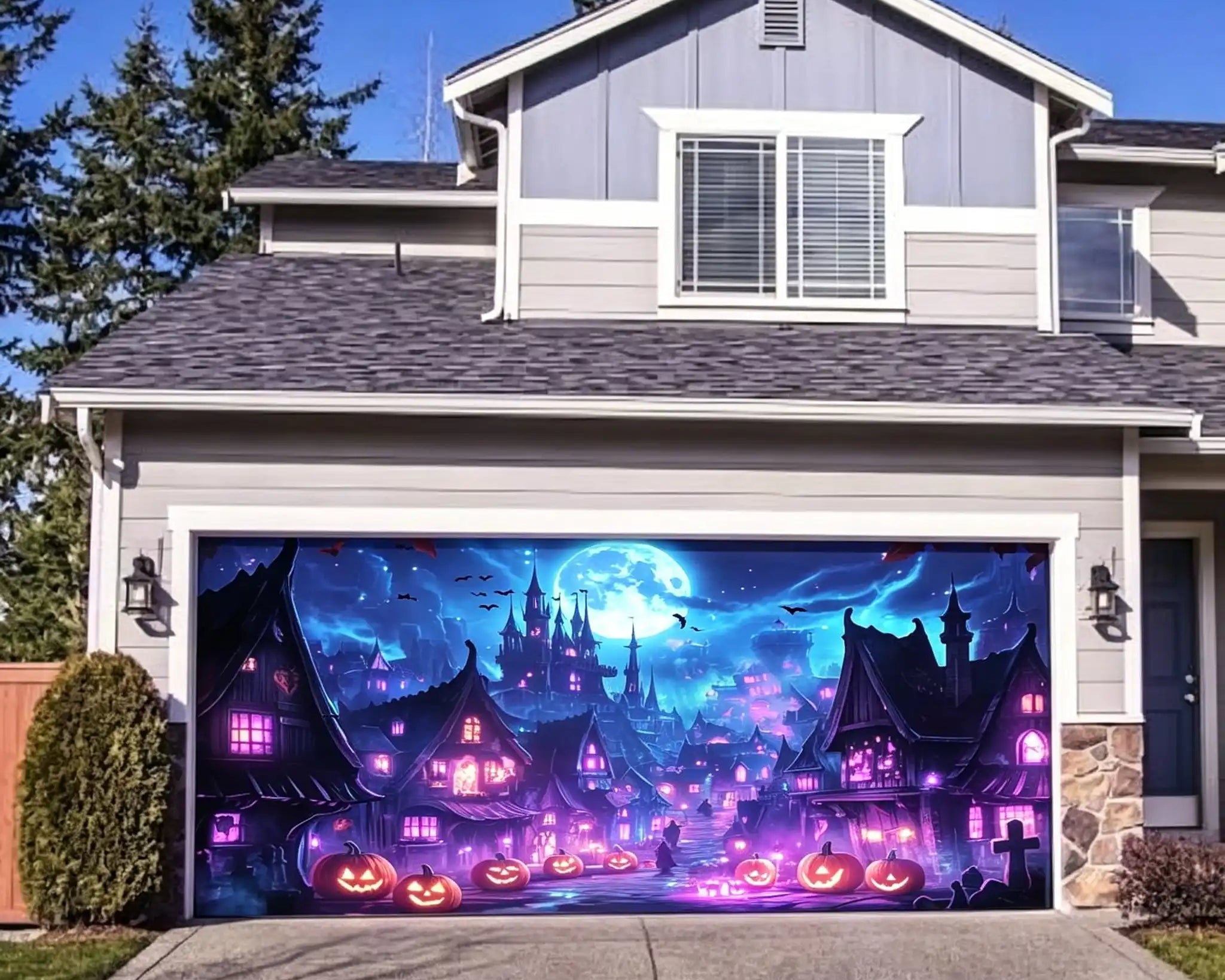 Spooky Halloween Moonlit Pumpkin Haunted Village Outdoor Garage Door Cover CSH67-29-2 car