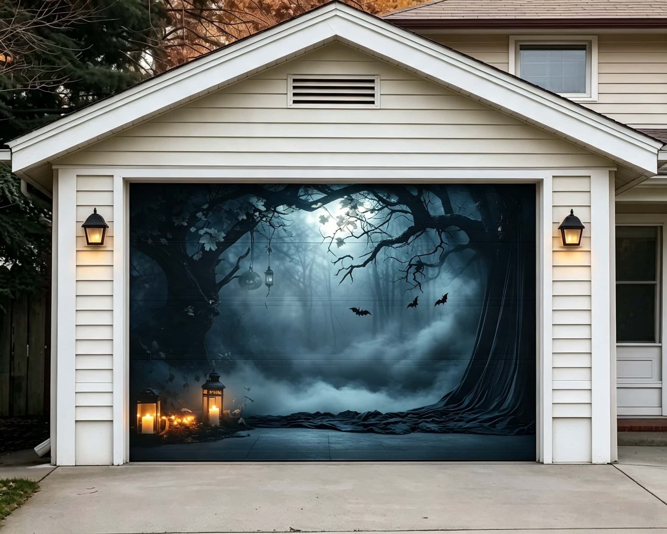 Halloween Mist Forest Backdrop Candlelit Bat Drapery Hollow Halloween Garage Door Decor CSH67-3-1 car