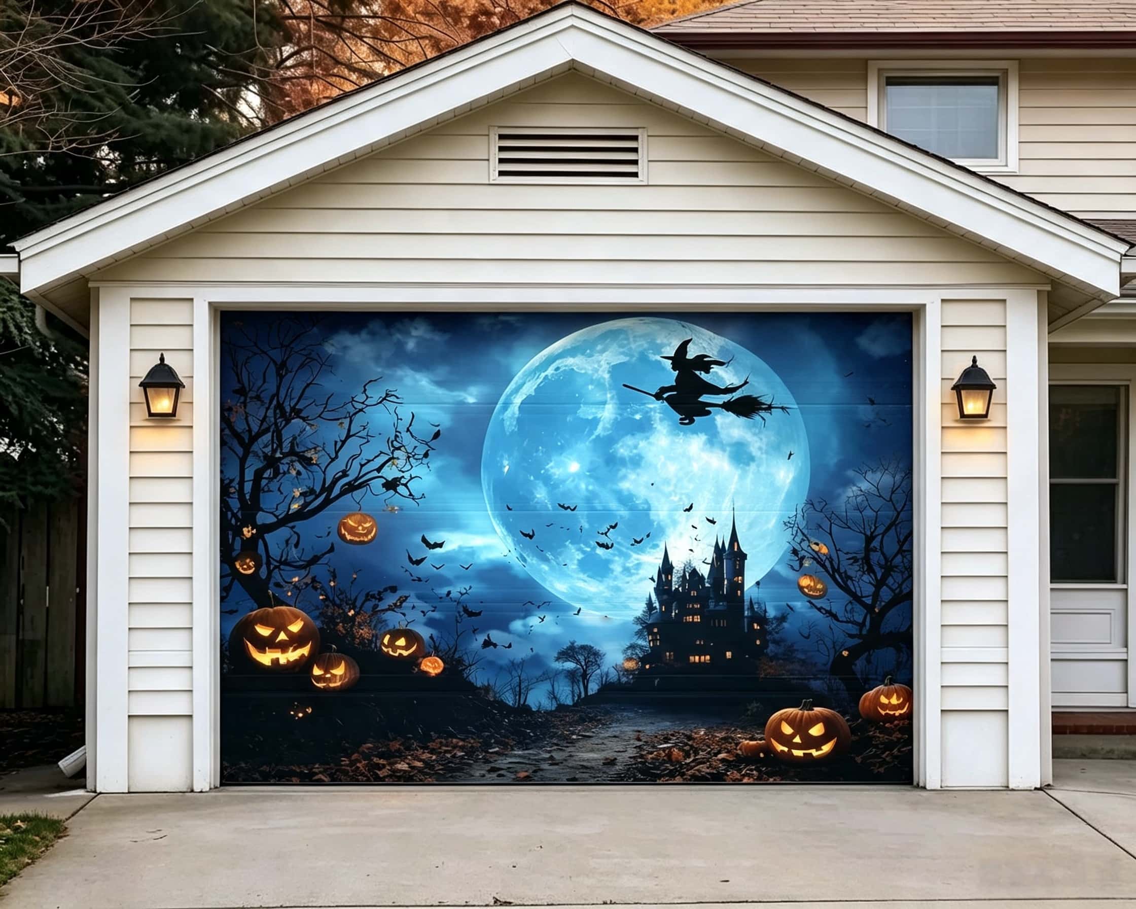 Spooky Halloween Moonlit Witch Pumpkin Castle Outdoor Garage Door Cover CSH67-34-1 car