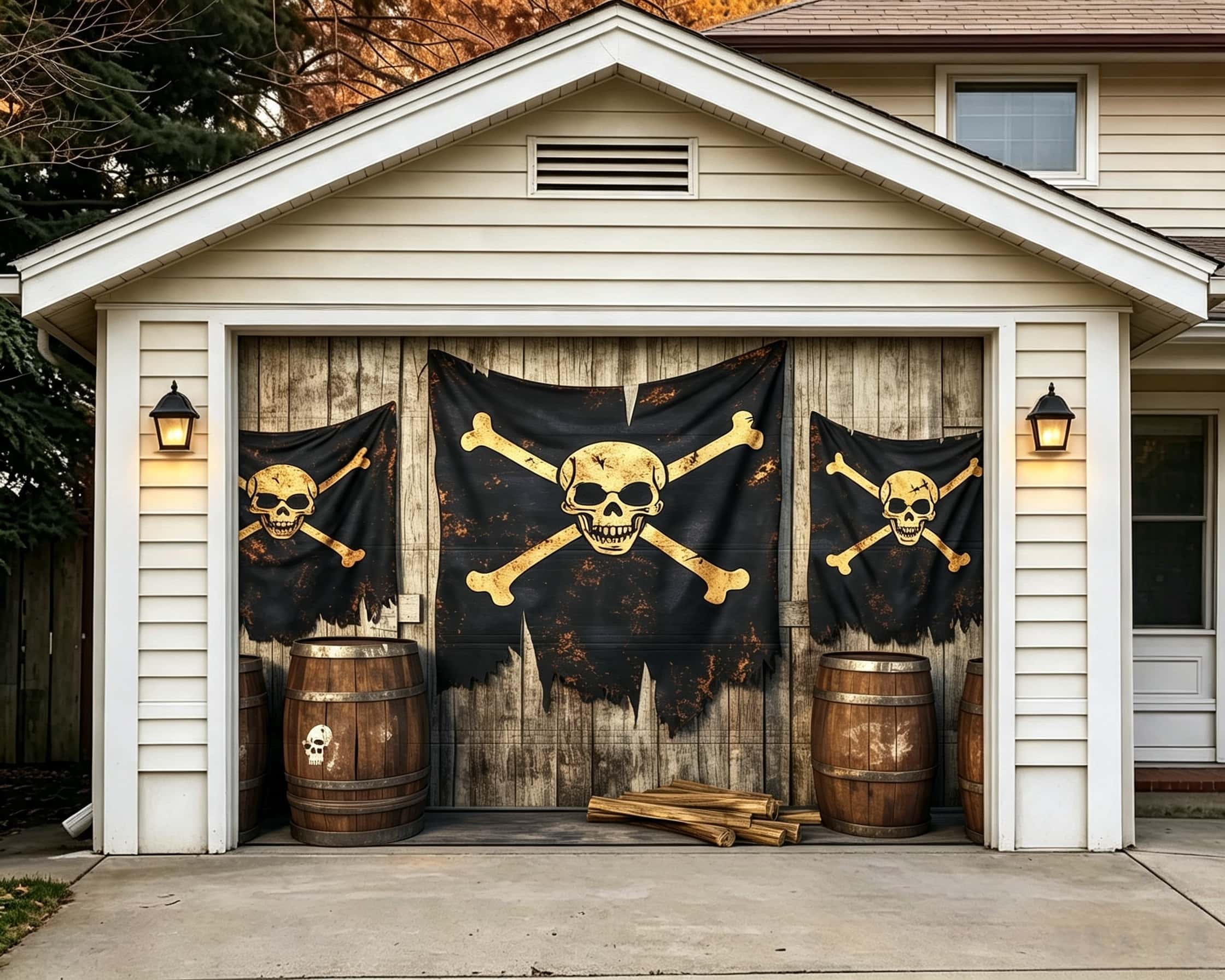 Scary Halloween Pirate Skull Barrel Deck Garage Door Cover CSH67-35-1 car