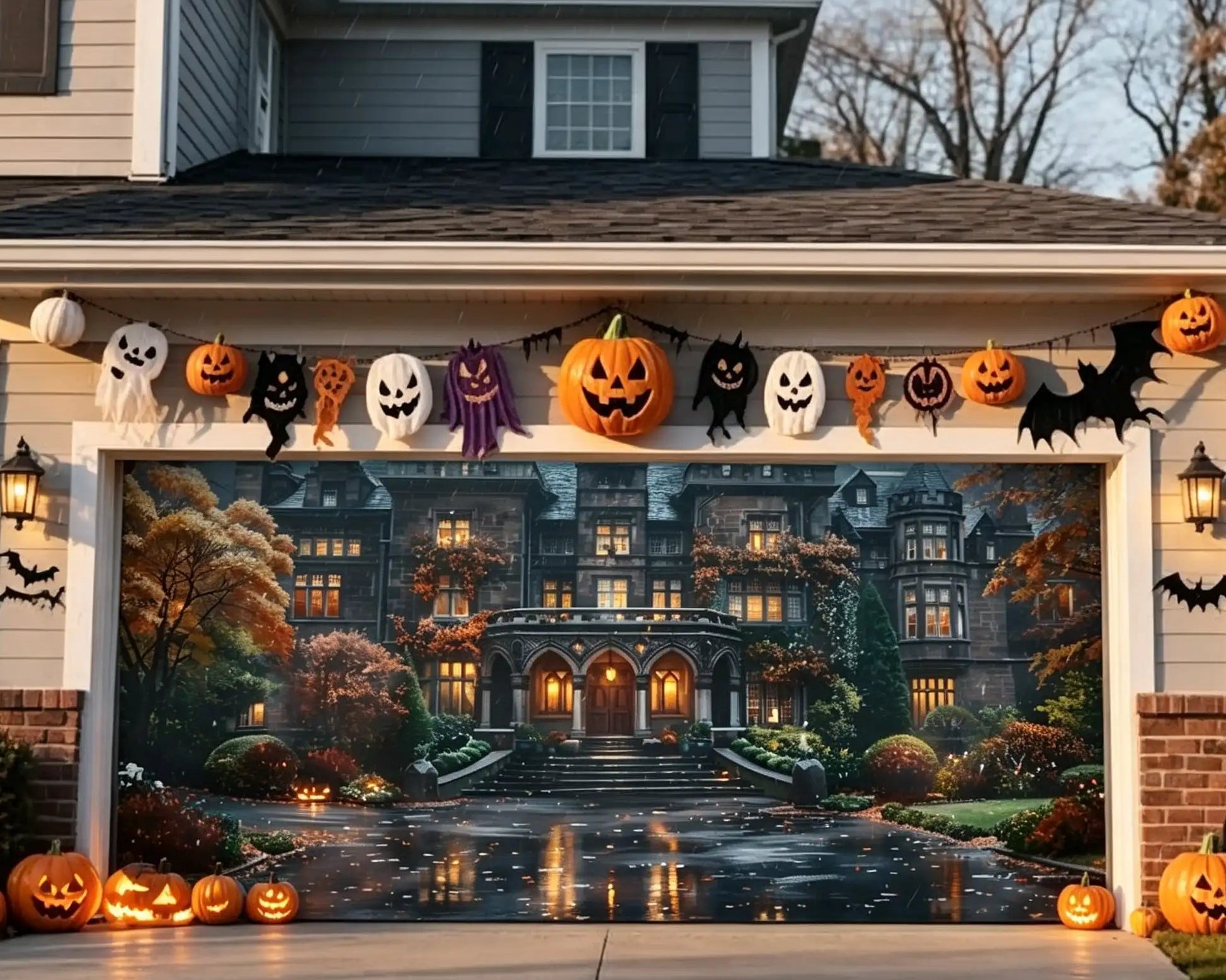 Halloween Rainy Pumpkin Gothic Manor Garage Door Cover CSH67-36-2 car