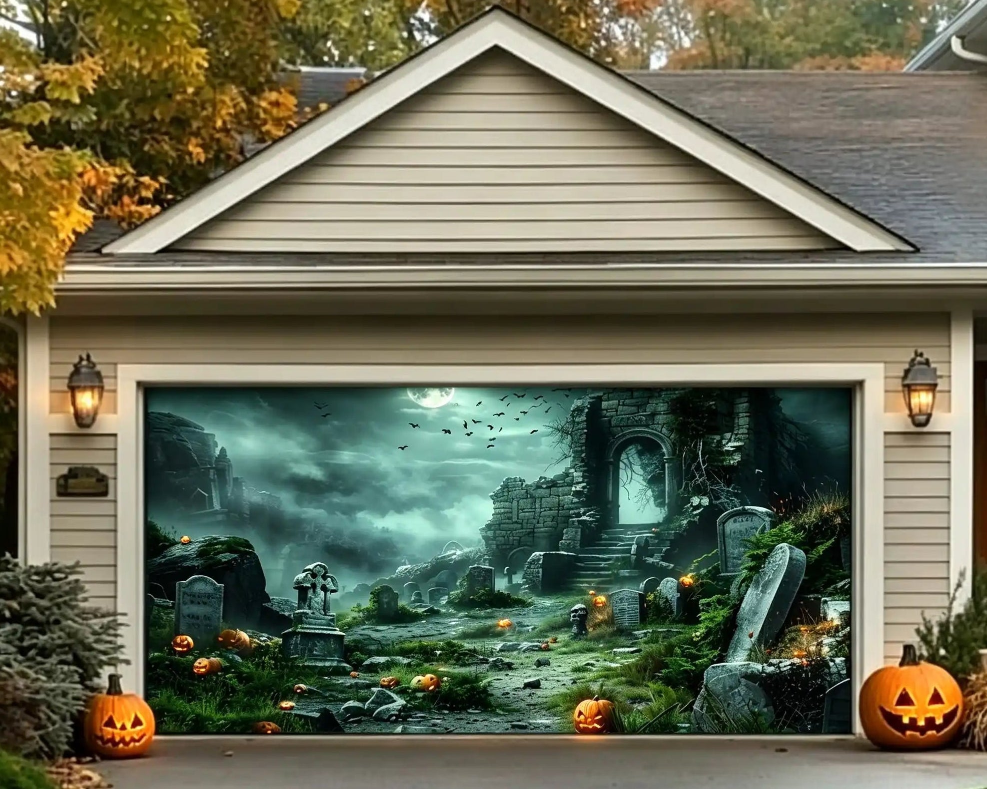 Halloween Haunted Moonlit Pumpkin Ruined Cemetery Garage Door Decorations CSH67-37-2 car