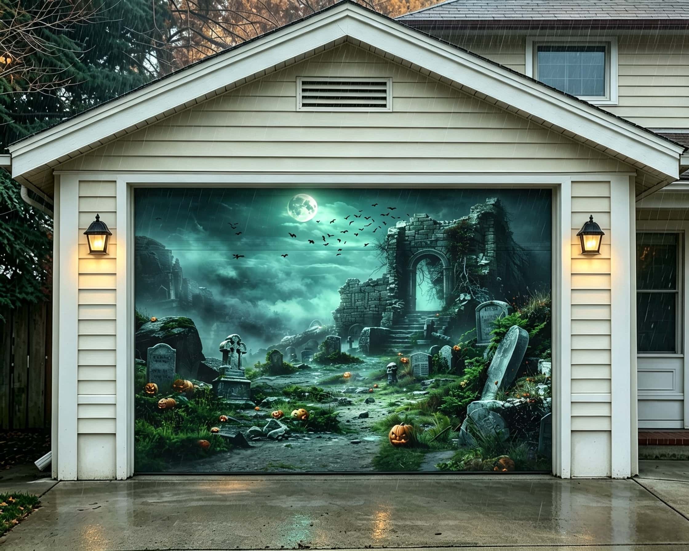 Halloween Haunted Moonlit Pumpkin Ruined Cemetery Garage Door Decorations CSH67-37-1 car