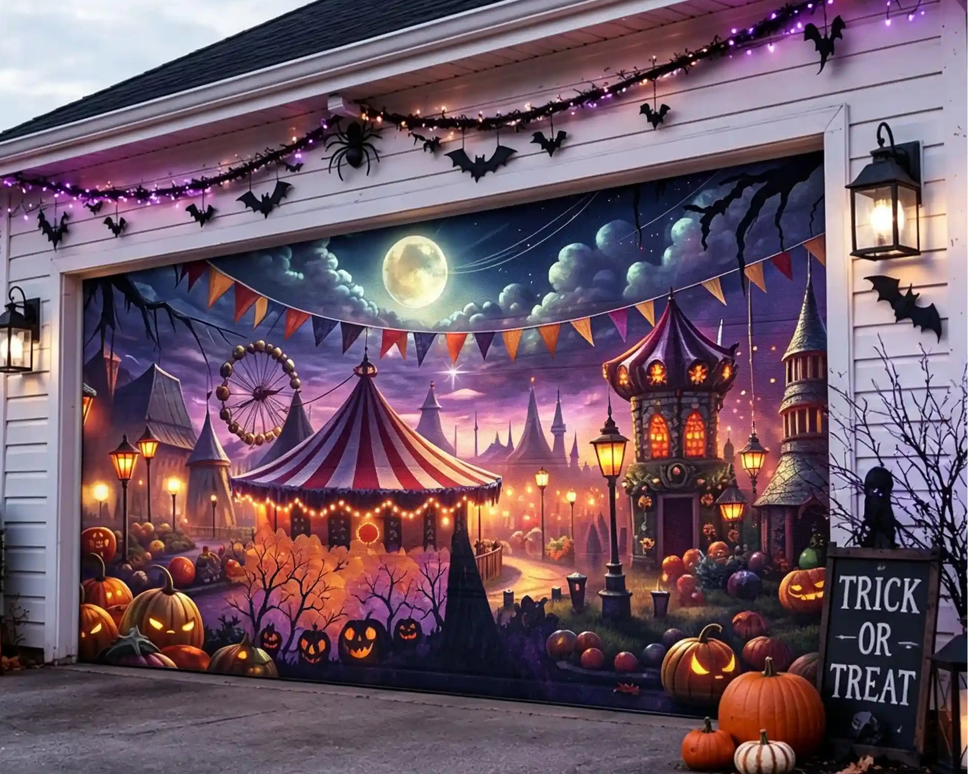 Halloween Spooky Backdrop Moonlit Pumpkin Carnival Village Outdoor Halloween Garage Door Banner CSH67-4-2 car