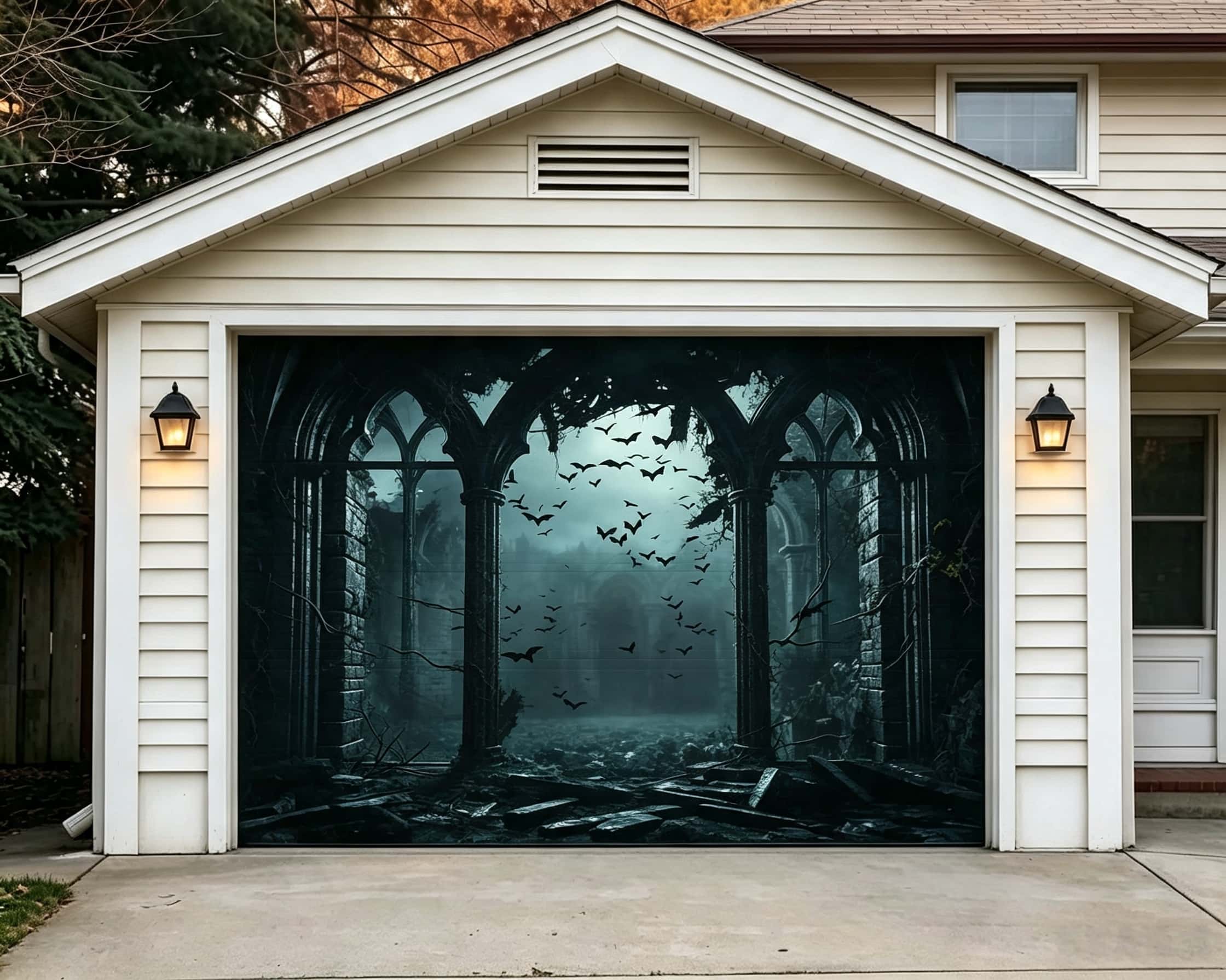 Halloween Foggy Bat Gothic Ruins Garage Door Cover CSH67-40-1 car