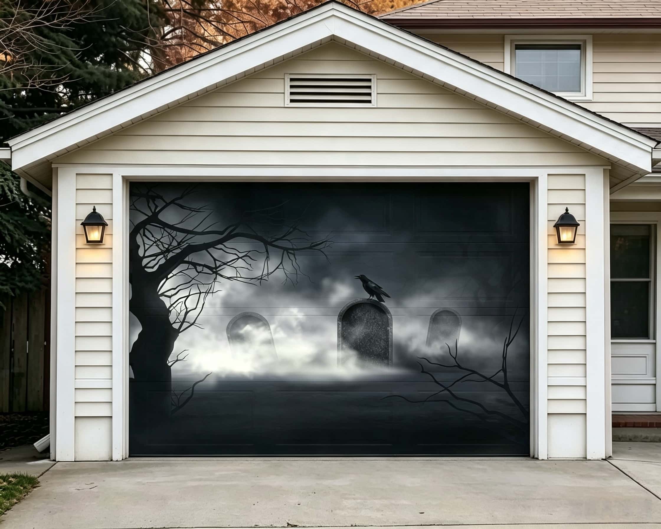 Halloween Foggy Raven Tombstones Graveyard Outdoor Garage Door Cover CSH67-44-1 car