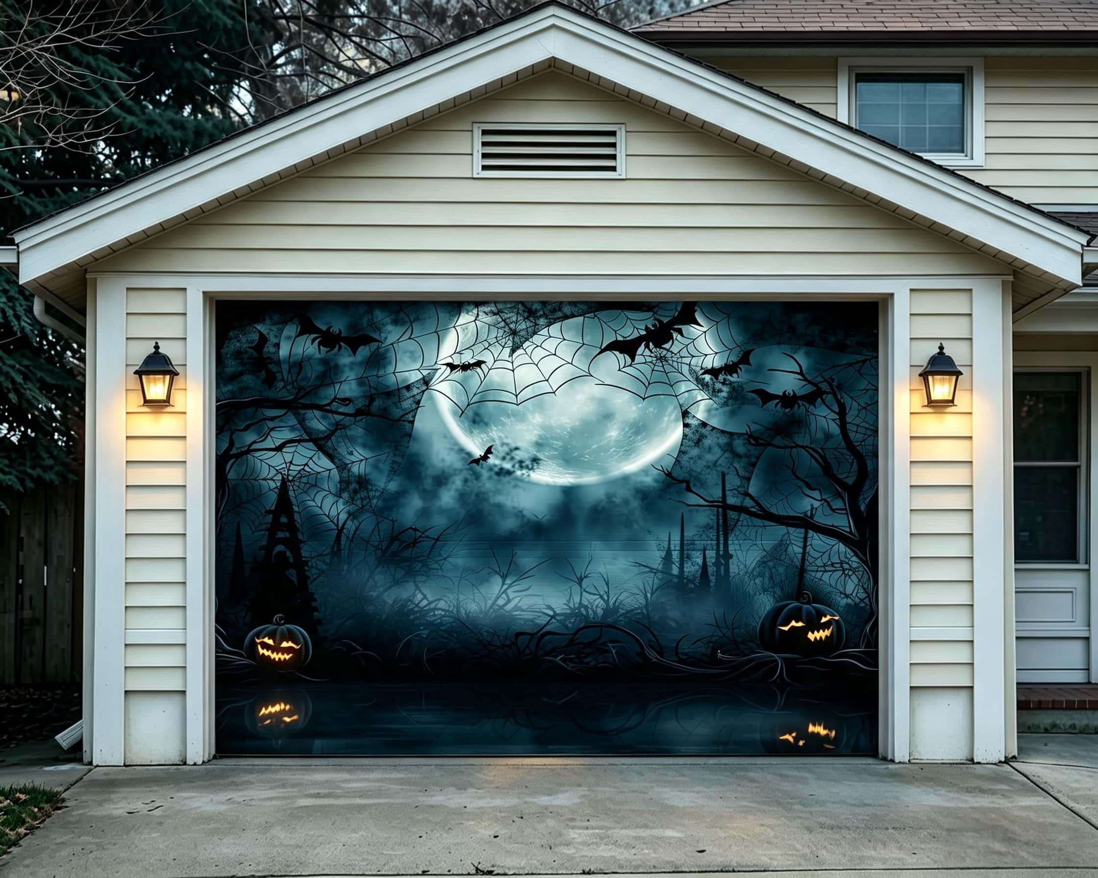 Scary Halloween Moonlit Spiderweb Bat Forest Garage Door Decor CSH67-48-1 car