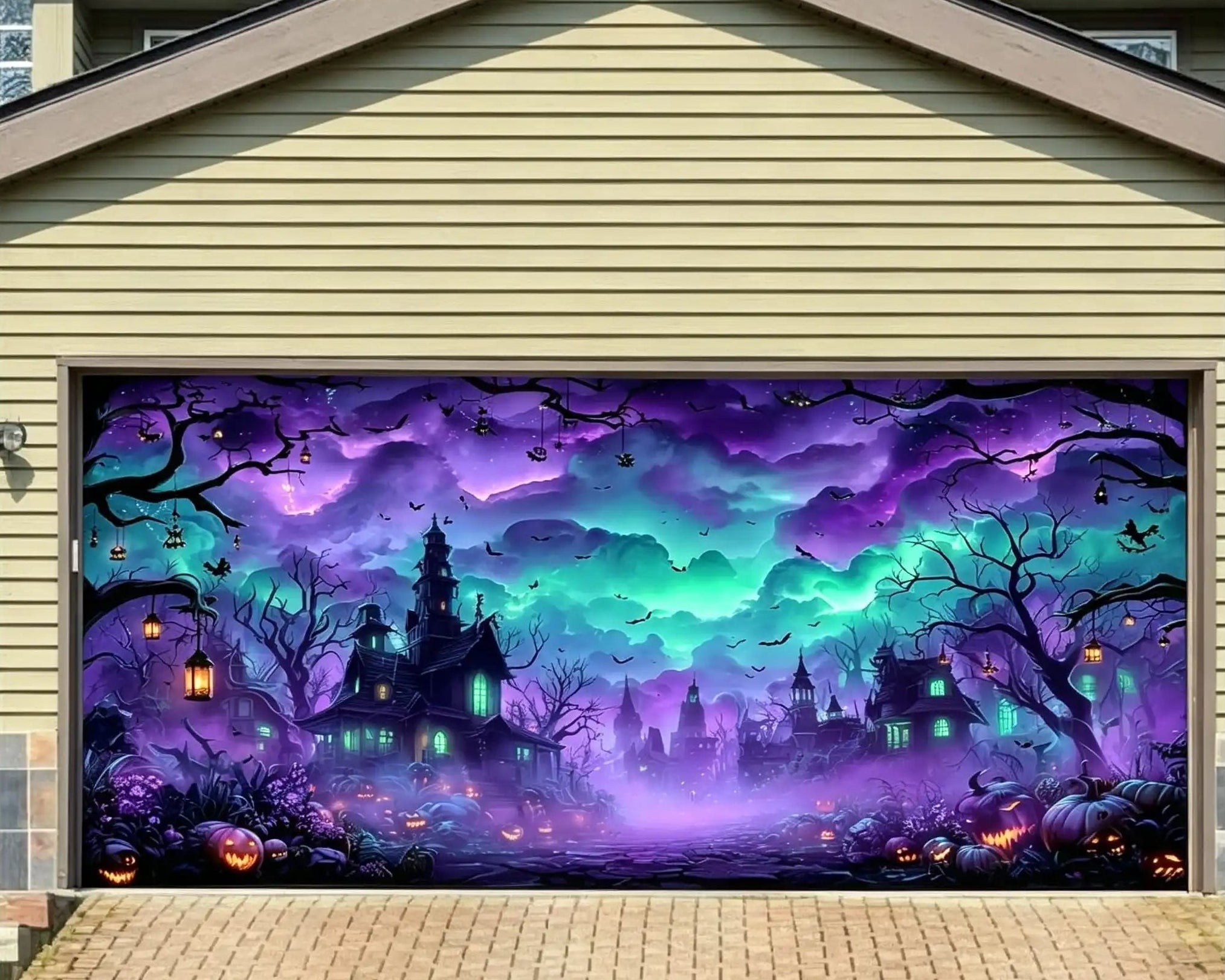 Halloween Neon Pumpkin Haunted Village Outdoor Garage Door Cover CSH67-49-2 car