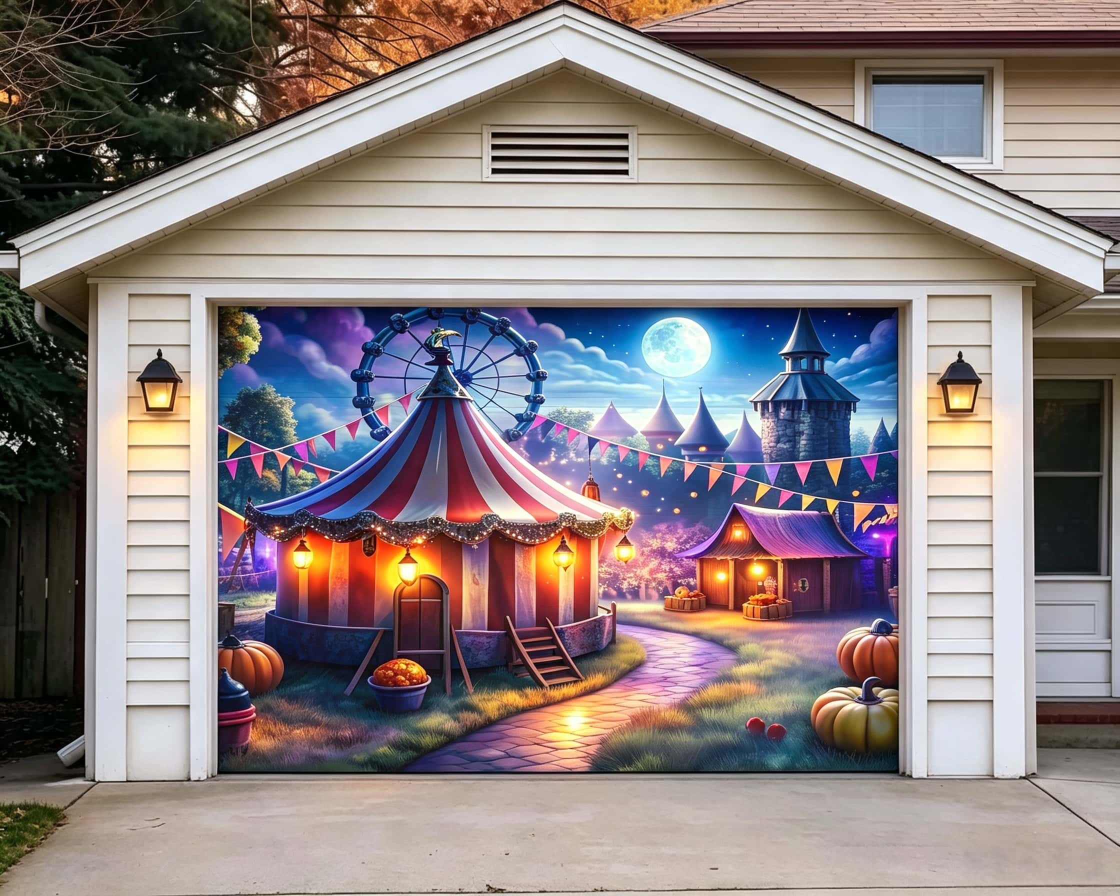 Halloween Circus Colorful Moonlit Pumpkin Carnival Outdoor Halloween Garage Door Banner CSH67-5-1 car