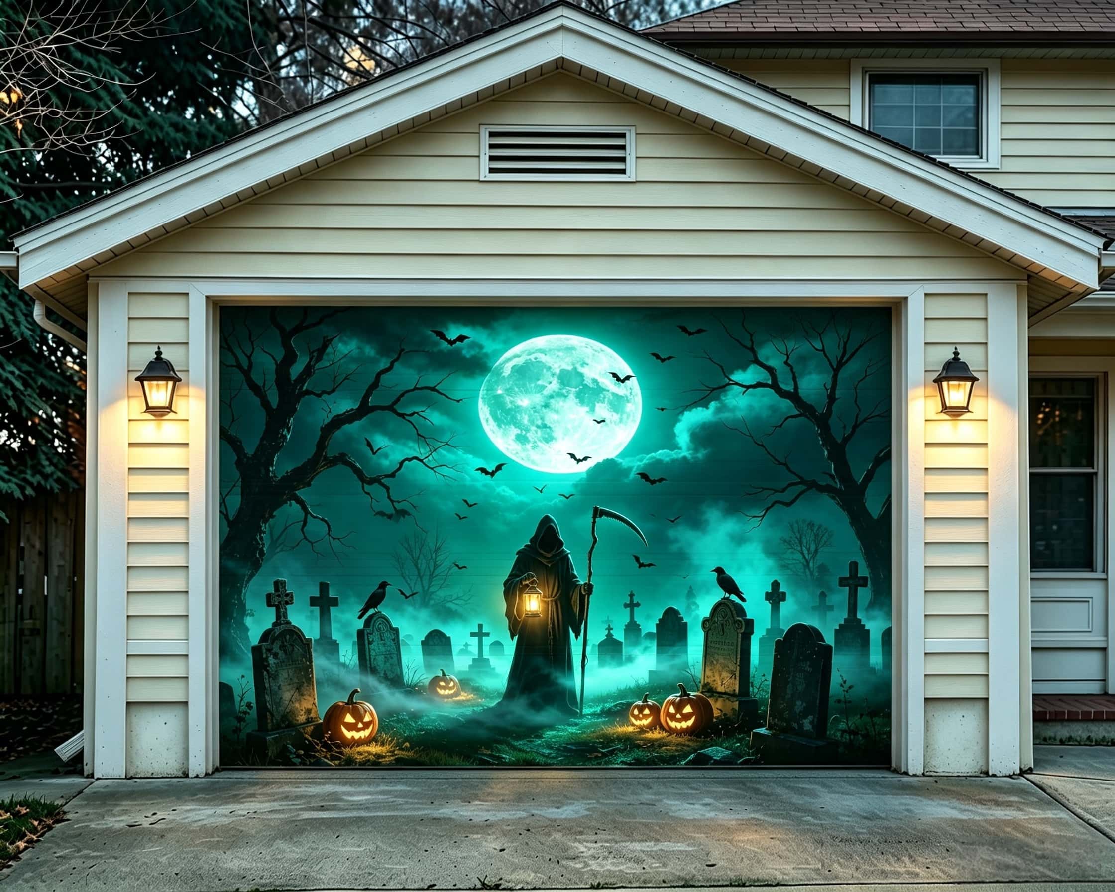 Scary Halloween Garage Door Banner Moonlit Reaper Pumpkin Graveyard Halloween Garage Door Banner CSH67-52-1 car