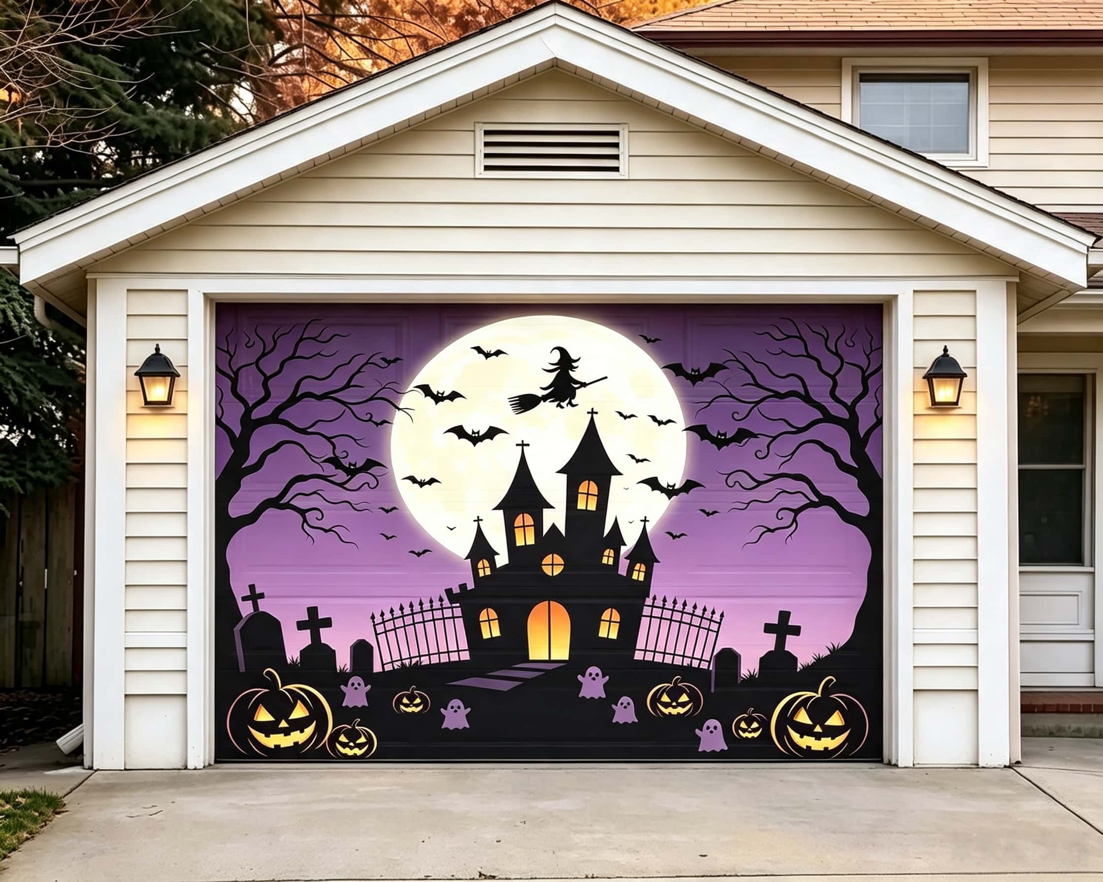 Witch Halloween Garage Door Cover Purple Moon Witch Castle Halloween Garage Door Wrap CSH67-53-1 car