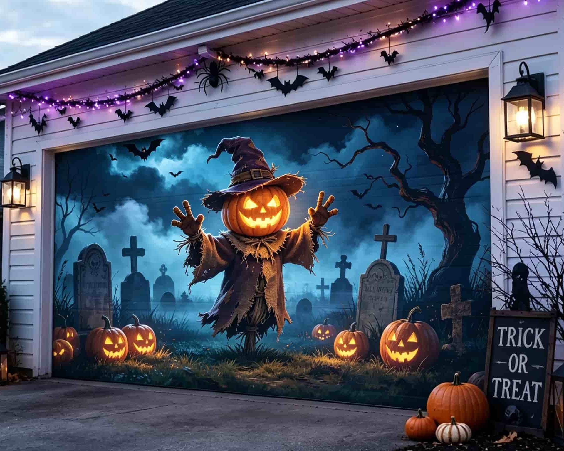 Creepy Halloween Garage Door Decor Pumpkin Scarecrow Foggy Graveyard Halloween Garage Door Sign CSH67-54-2 car