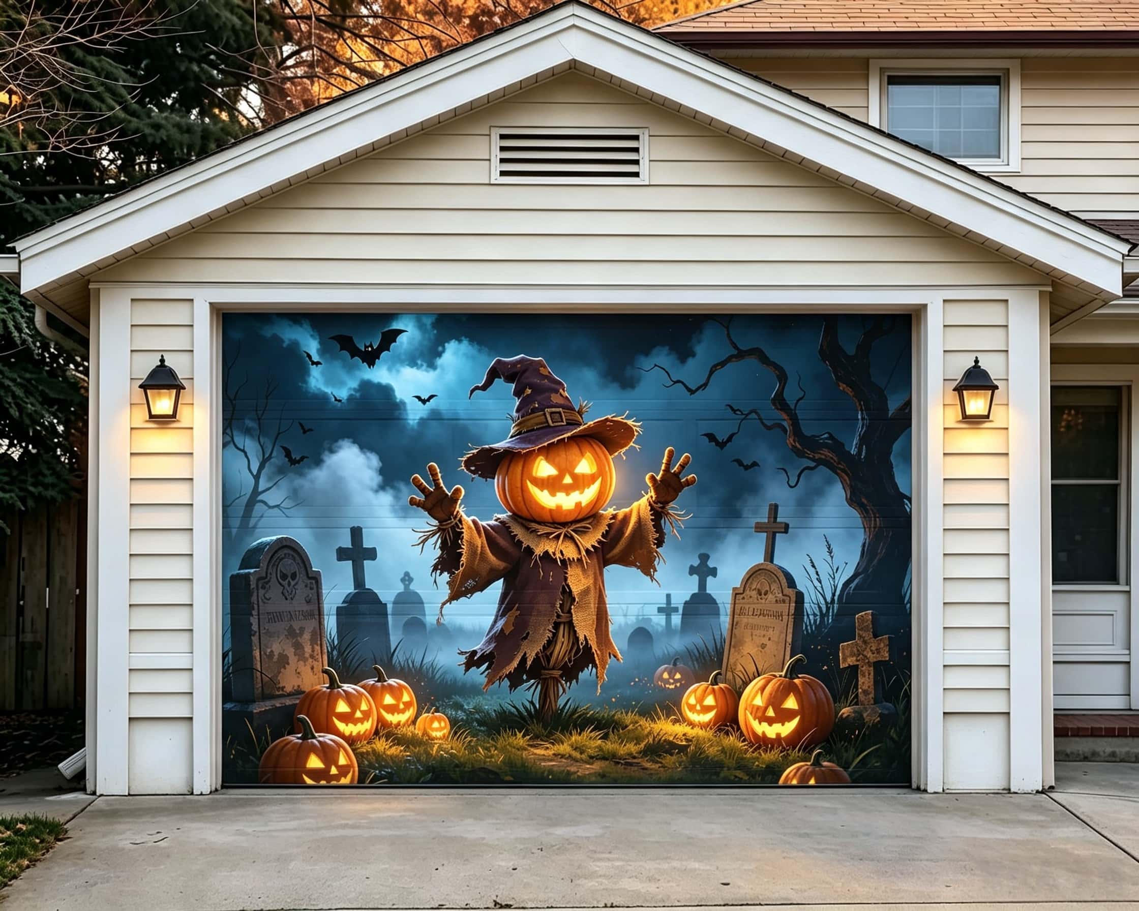 Creepy Halloween Garage Door Decor Pumpkin Scarecrow Foggy Graveyard Halloween Garage Door Sign CSH67-54-1 car