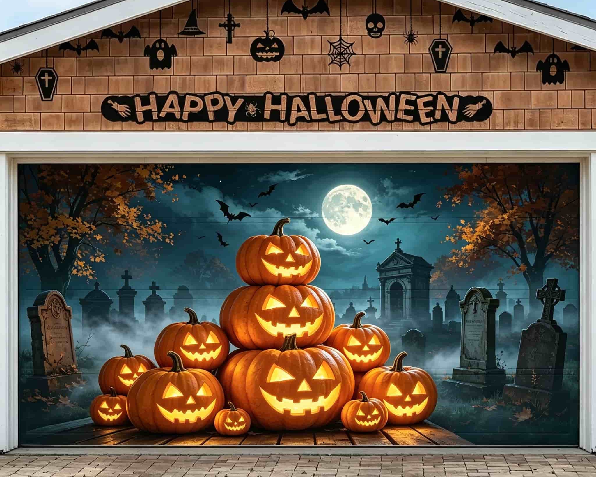 Jack O Lantern Garage Door Cover Glowing Pumpkin Graveyard Stack Halloween Outdoor Garage Decorations CSH67-56-2 car