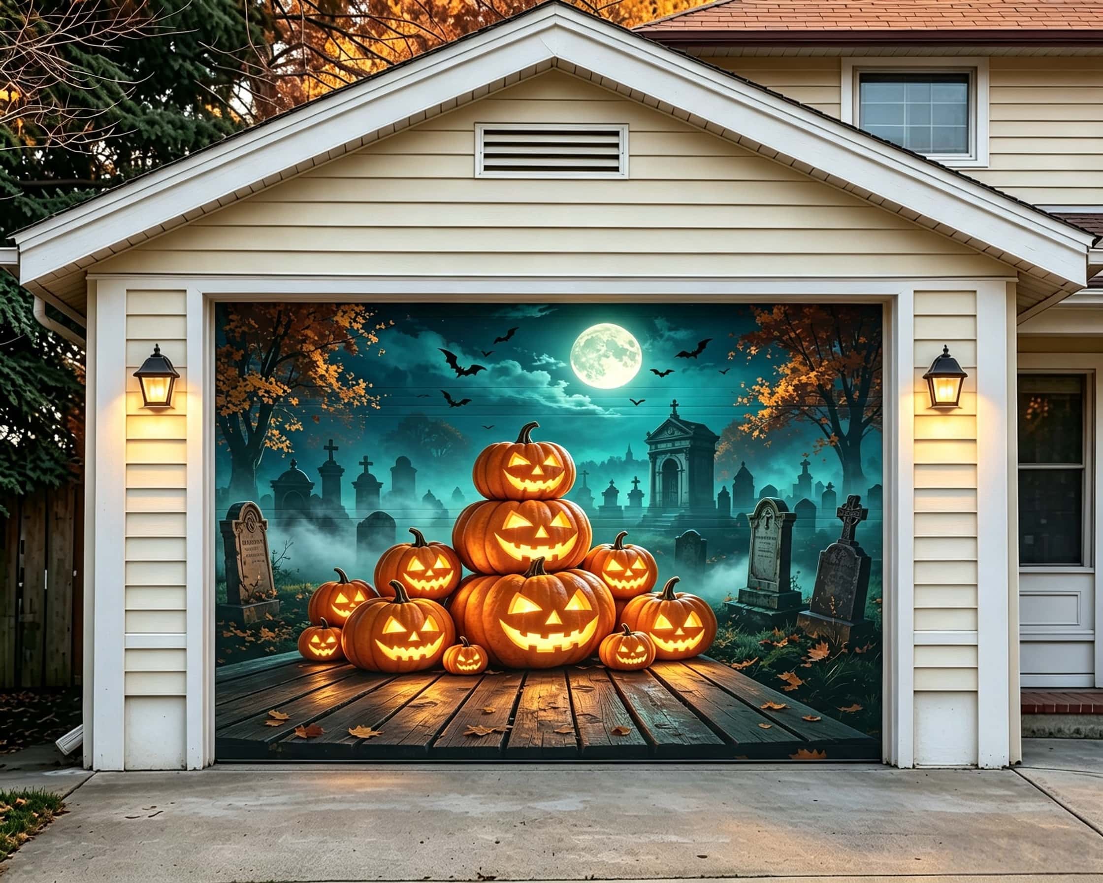 Jack O Lantern Garage Door Cover Glowing Pumpkin Graveyard Stack Halloween Outdoor Garage Decorations CSH67-56-1 car