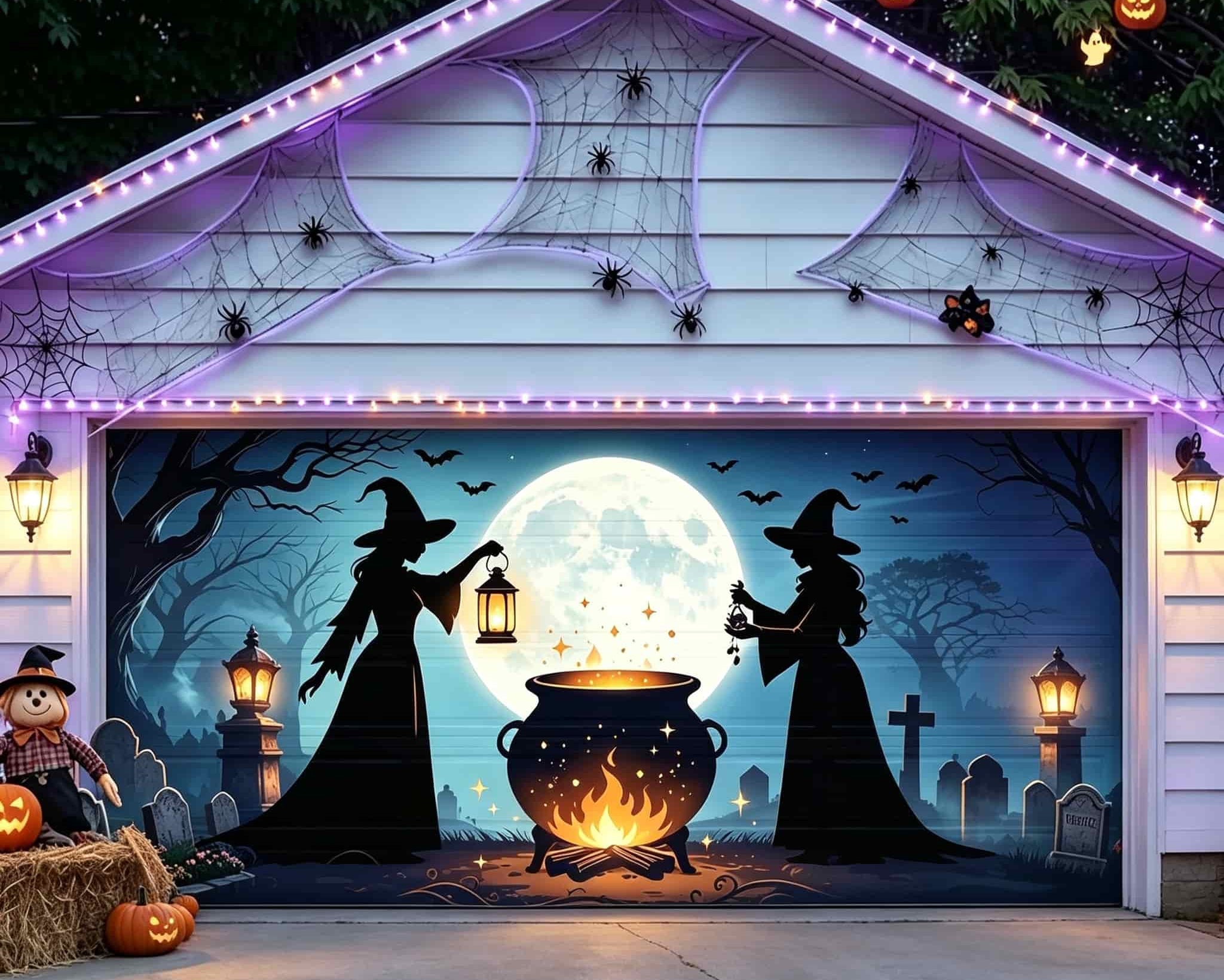Witch Halloween Garage Door Cover Moonlit Witches Flaming Cauldron Halloween Garage Door Banner CSH67-58-2 car