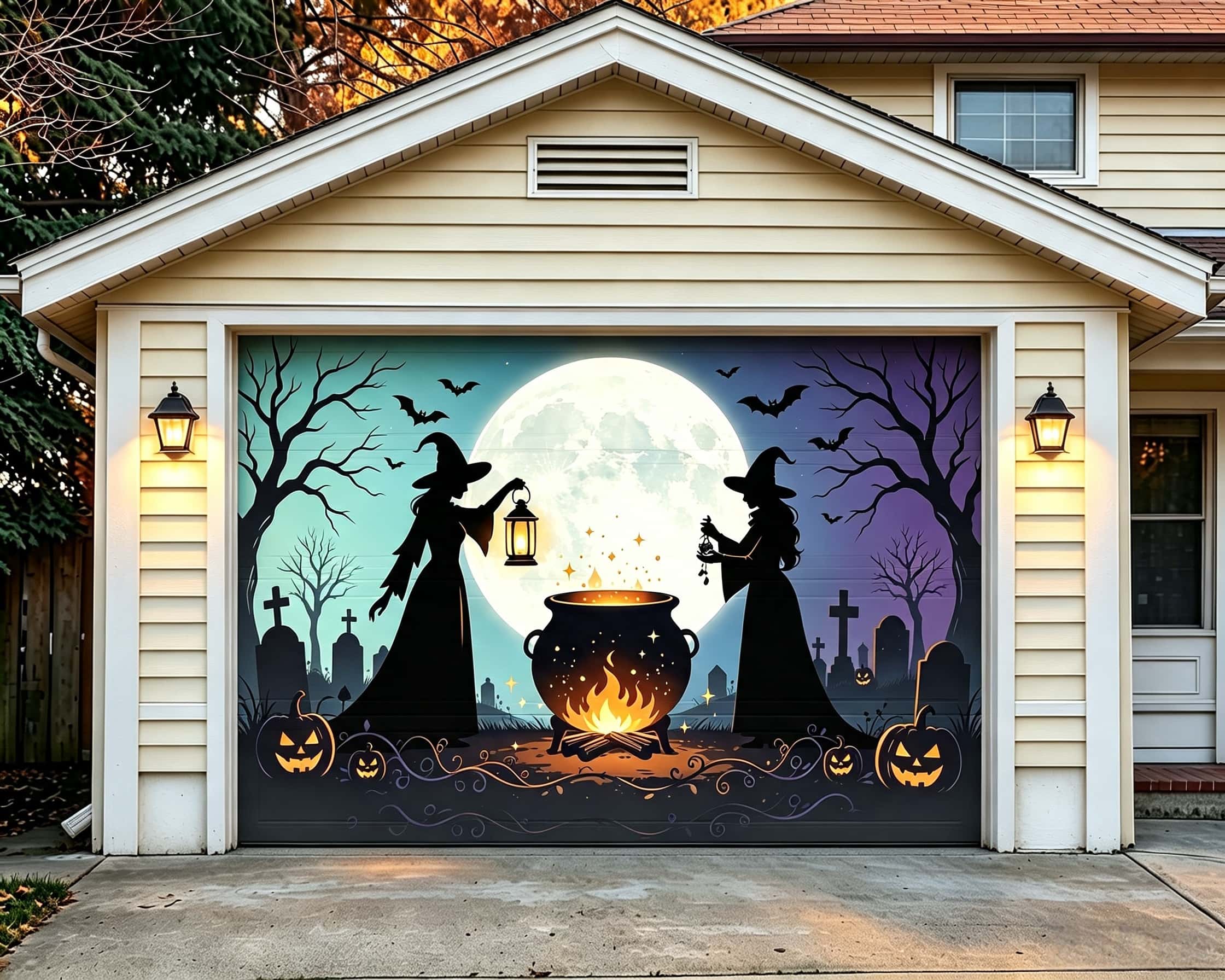 Witch Halloween Garage Door Cover Moonlit Witches Flaming Cauldron Halloween Garage Door Banner CSH67-58-1 car