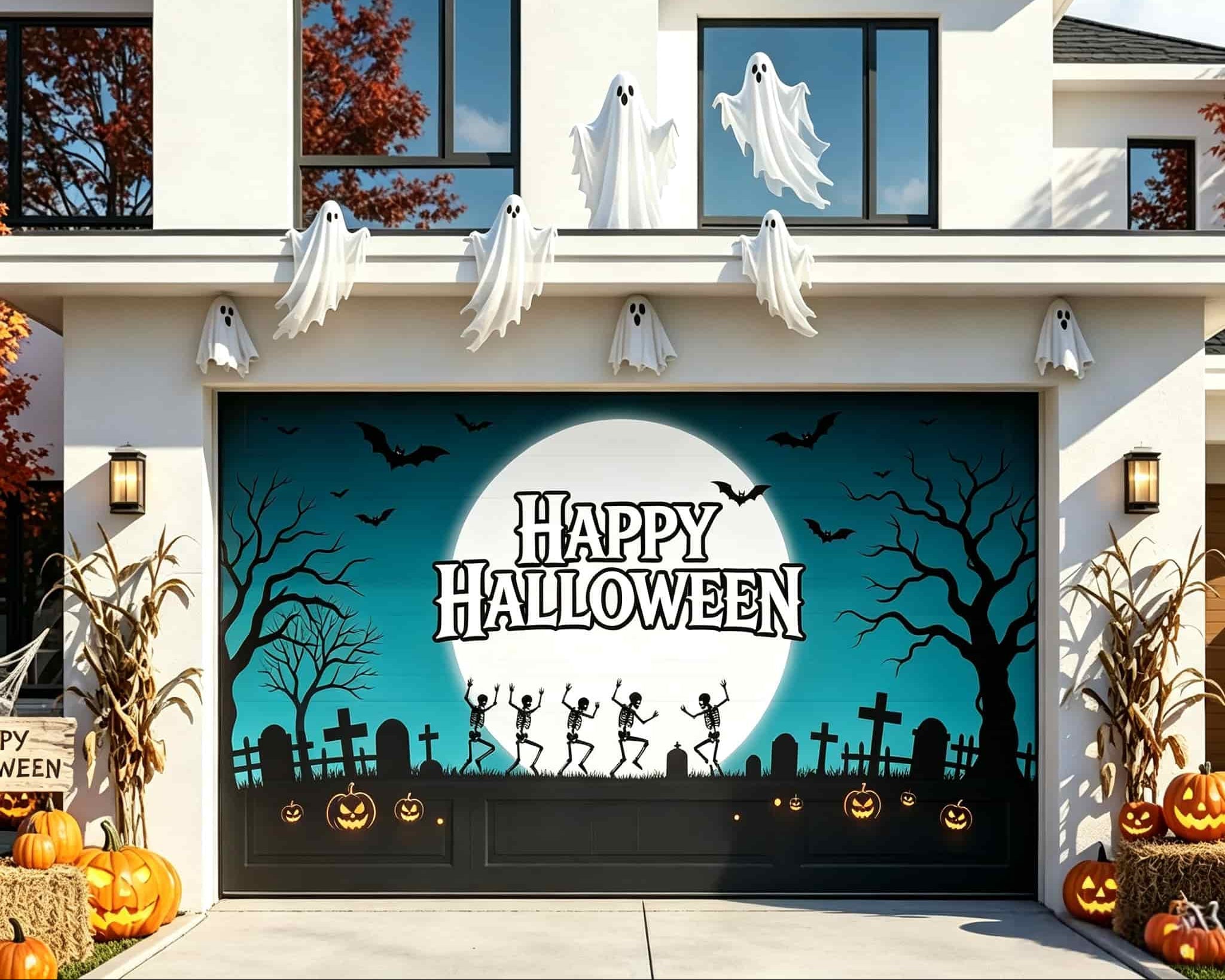 Haunted Halloween Garage Door Banner Moonlit Dancing Skeleton Graveyard Halloween Garage Door Mural CSH67-59-2 car