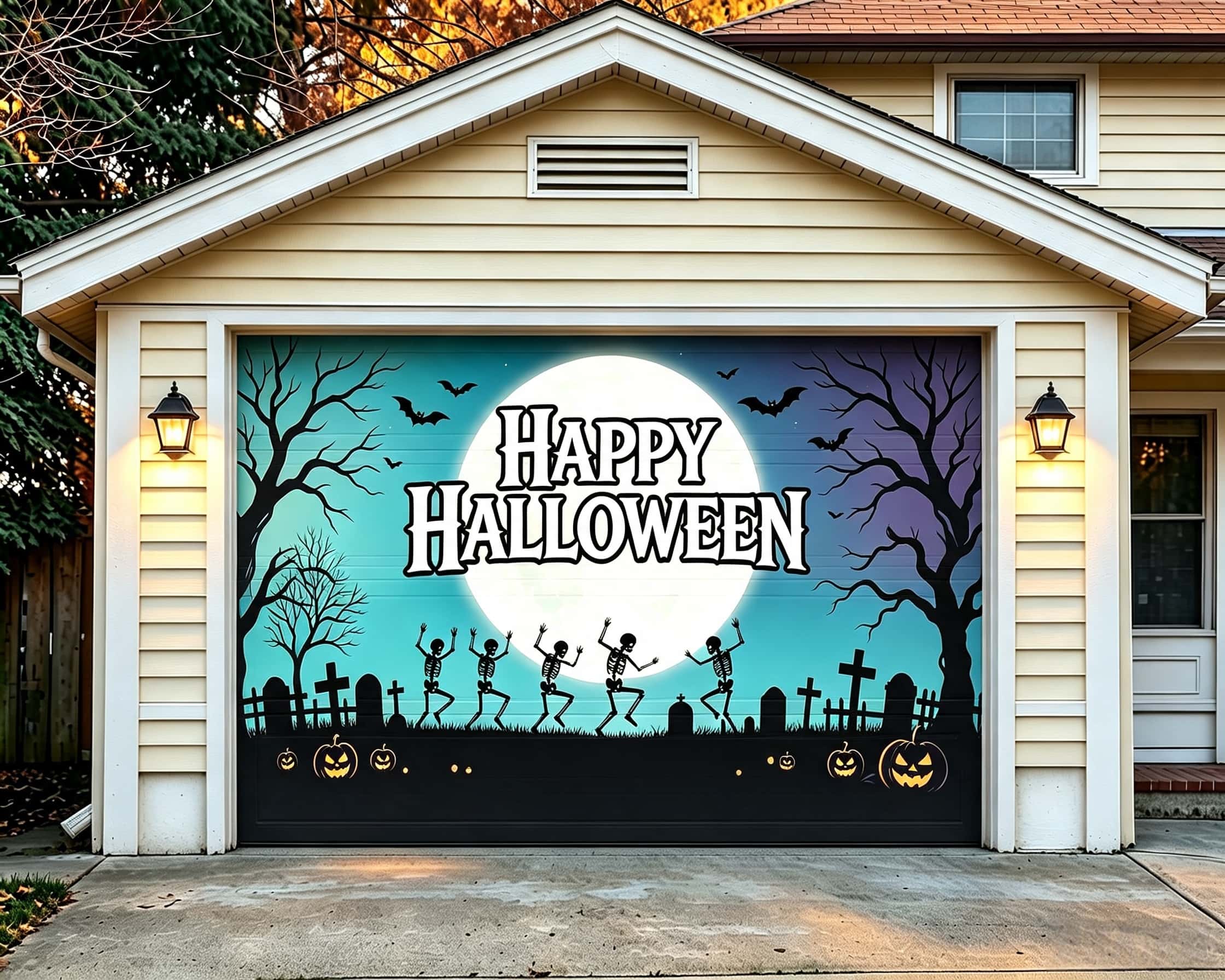 Haunted Halloween Garage Door Banner Moonlit Dancing Skeleton Graveyard Halloween Garage Door Mural CSH67-59-1 car