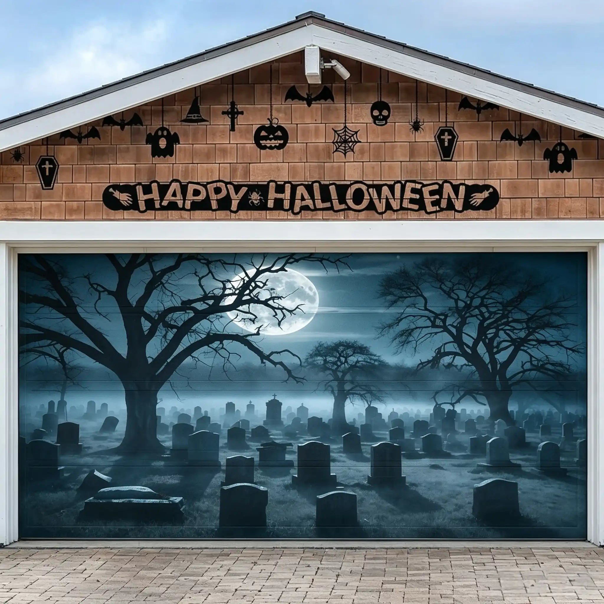 Creepy Graveyard Backdrop Moonlit Twisted Tree Graveyard Halloween Garage Door Cover CSH67-6