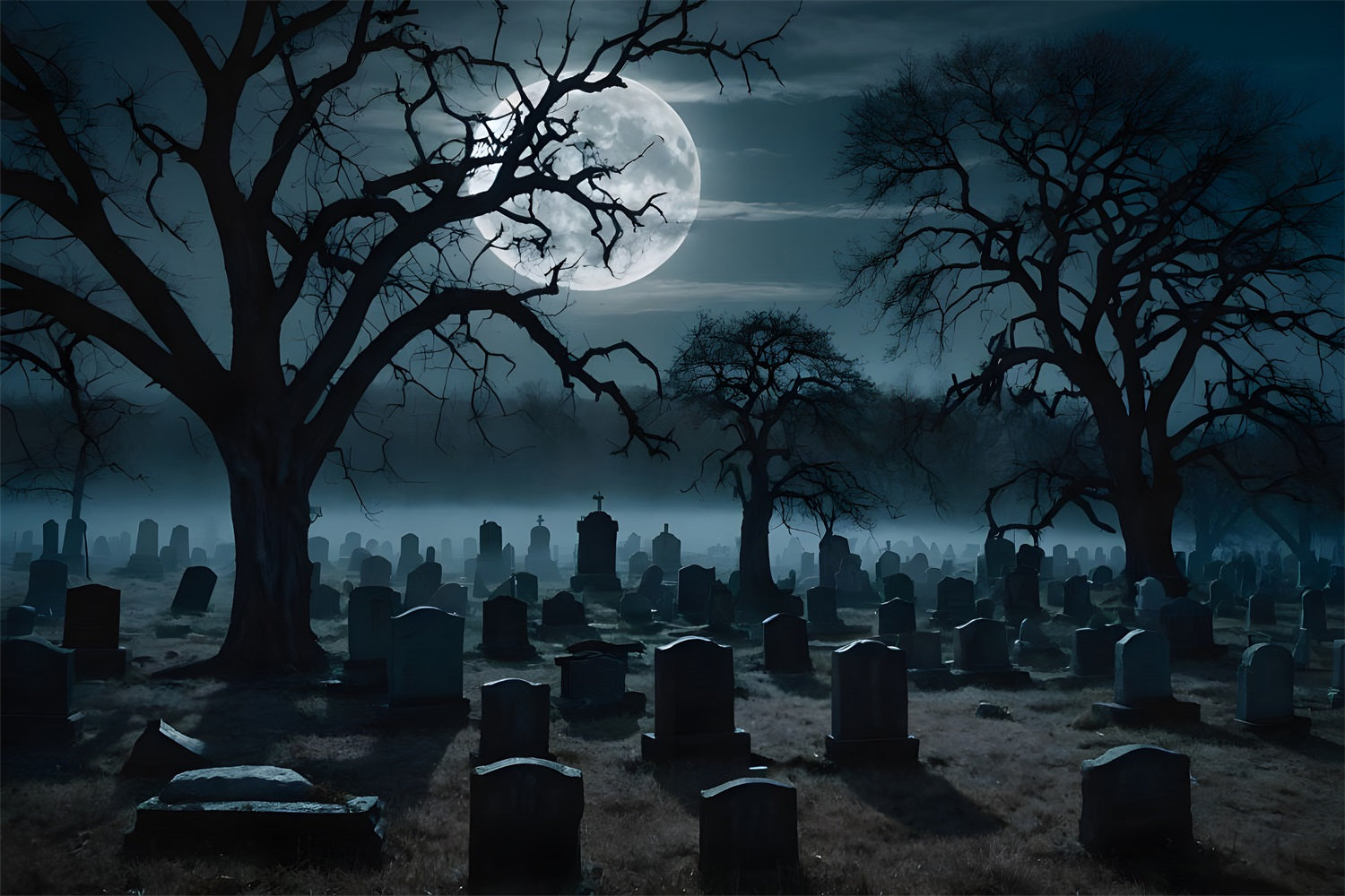 Creepy Graveyard Backdrop Moonlit Twisted Tree Graveyard Halloween Garage Door Cover CSH67-6