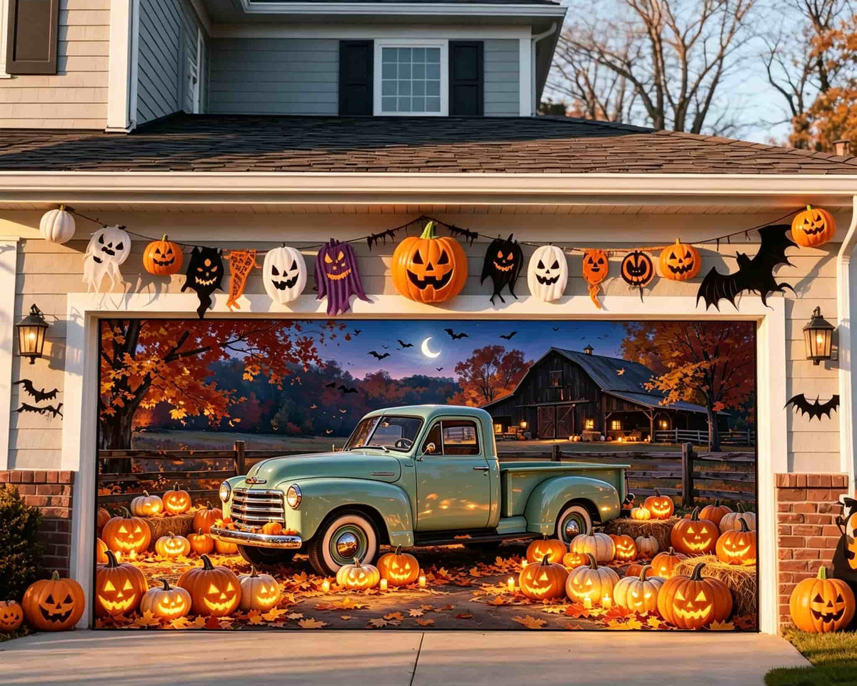 Moonlight Halloween Garage Door Banner Vintage Truck Pumpkin Farm Halloween Garage Door Decor CSH67-63-2 car