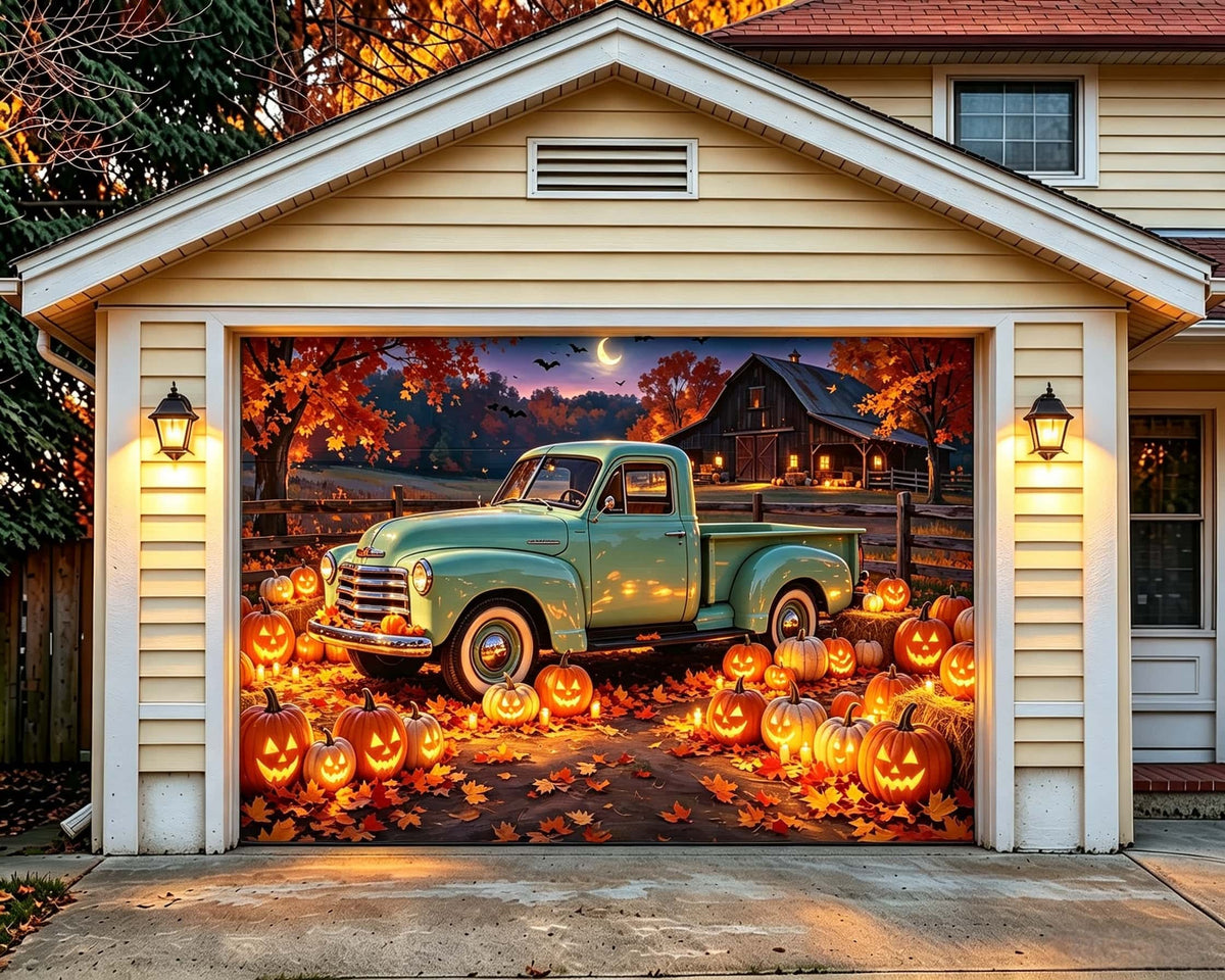Moonlight Halloween Garage Door Banner Vintage Truck Pumpkin Farm Halloween Garage Door Decor CSH67-63-1 car