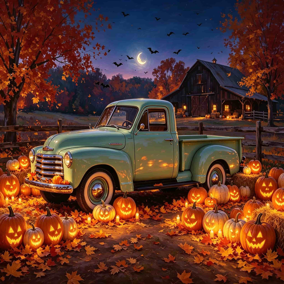 Moonlight Halloween Garage Door Banner Vintage Truck Pumpkin Farm Halloween Garage Door Decor CSH67-63-1 car