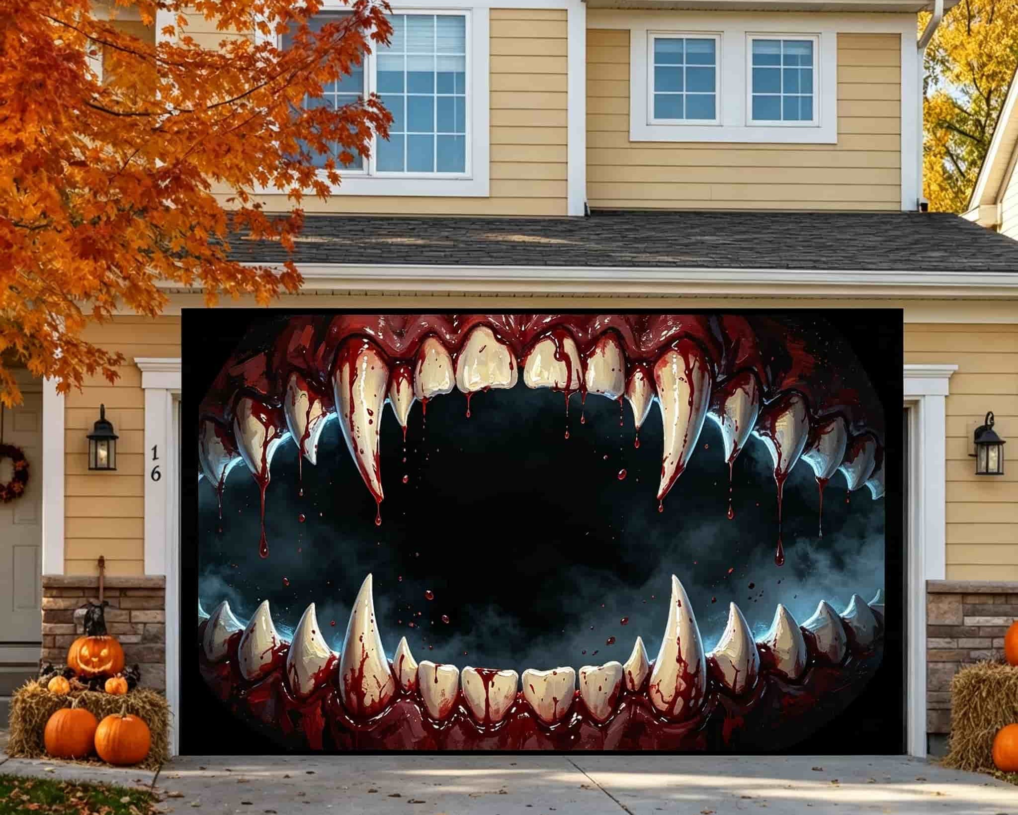 Scary Halloween Garage Door Banner Bloody Vampire Fangs Mouth Halloween Garage Door Cover CSH67-65-2 car