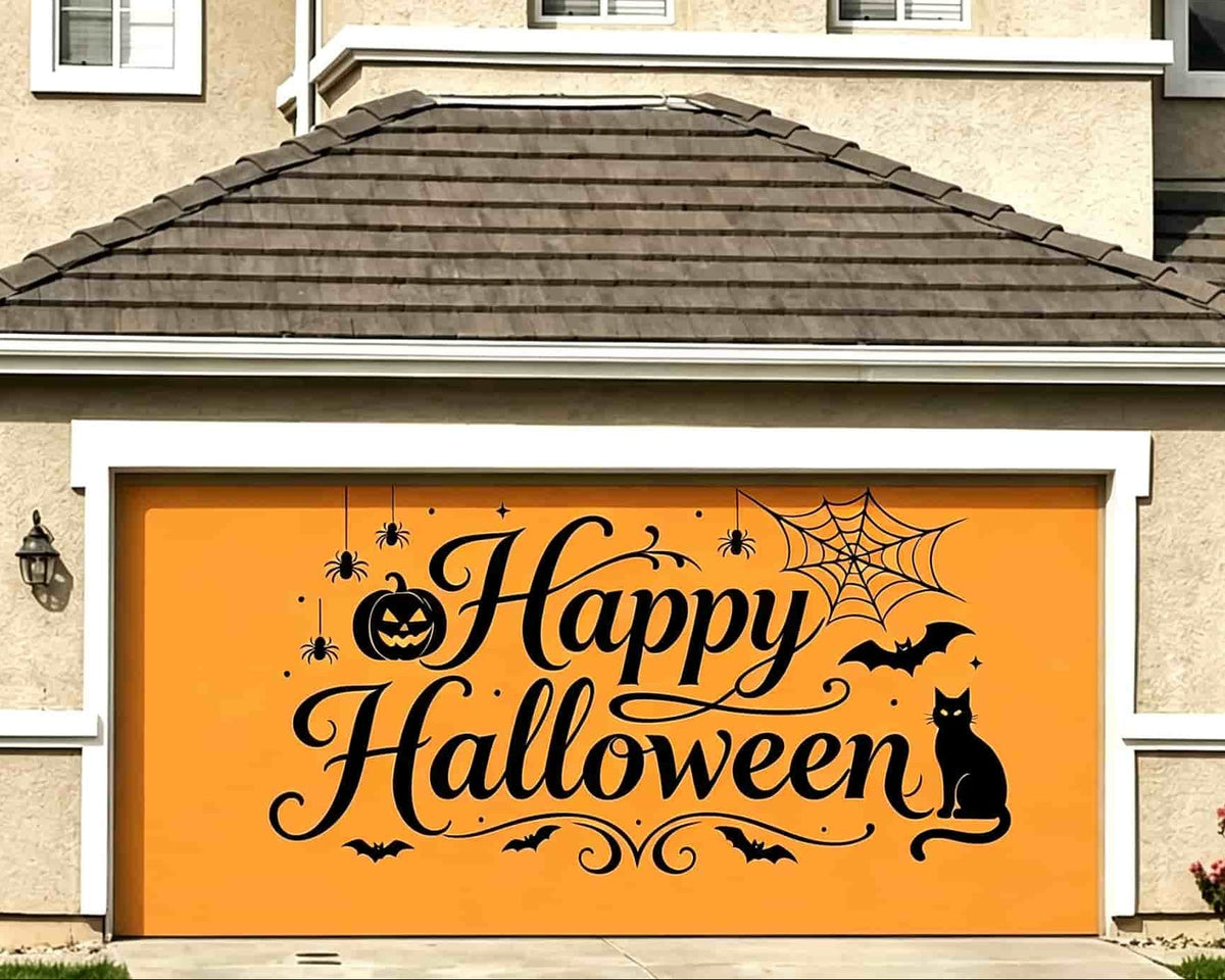 Trick or Treat Garage Door Banner Orange Cat Spiderweb Greeting Halloween Garage Door Decor CSH67-66-2 car