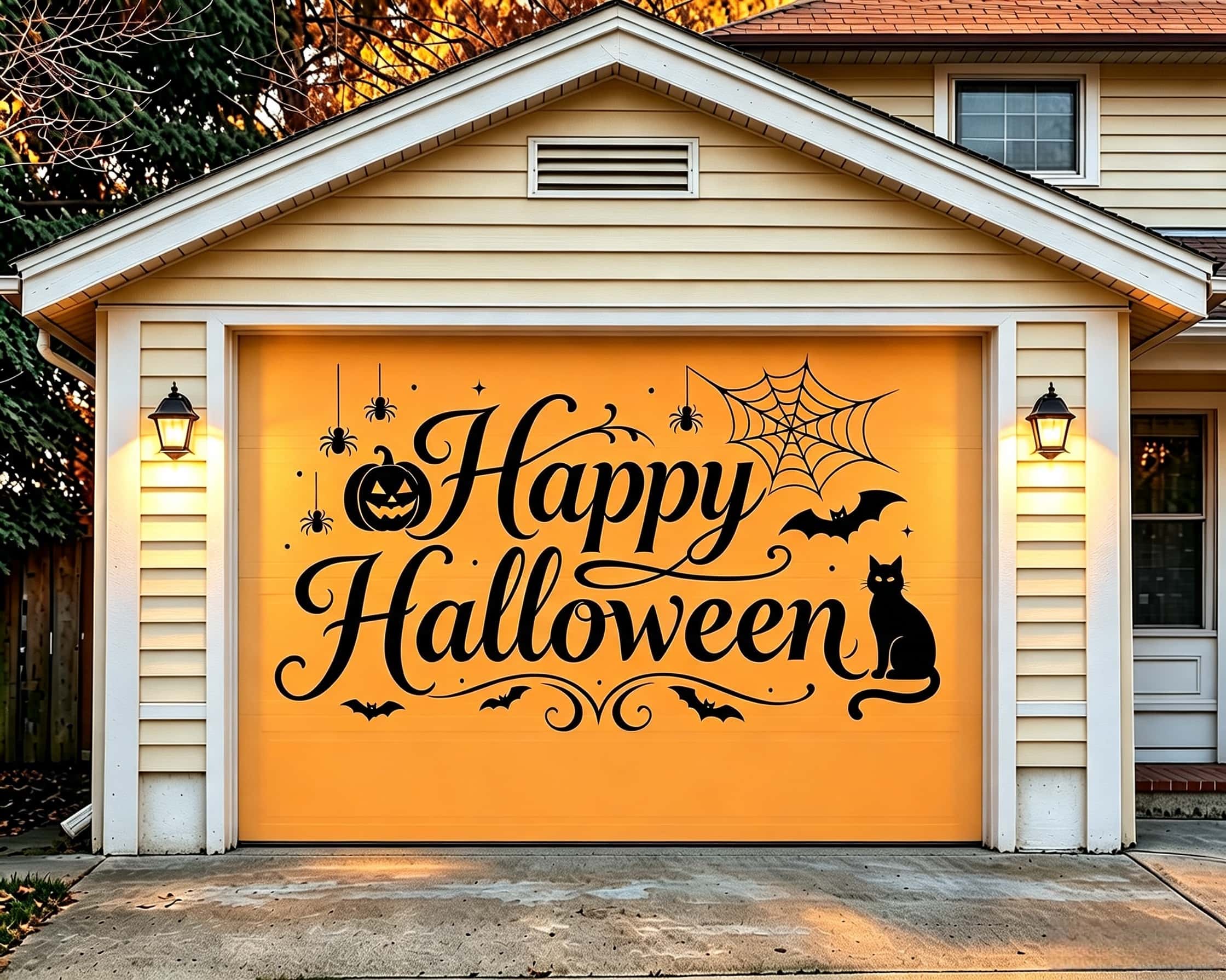 Trick or Treat Garage Door Banner Orange Cat Spiderweb Greeting Halloween Garage Door Decor CSH67-66-1 car