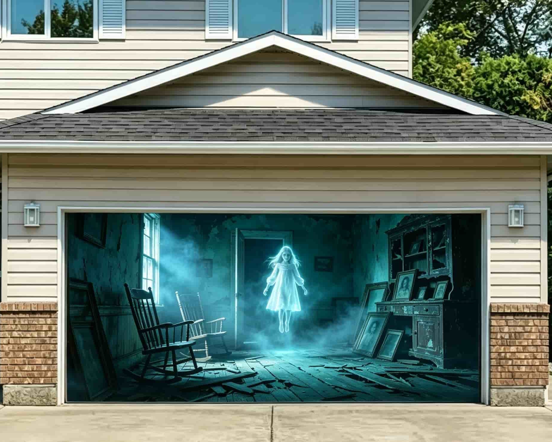 Creepy Halloween Garage Door Decor Glowing Ghost Abandoned Room Halloween Garage Decorations CSH67-67-2 car