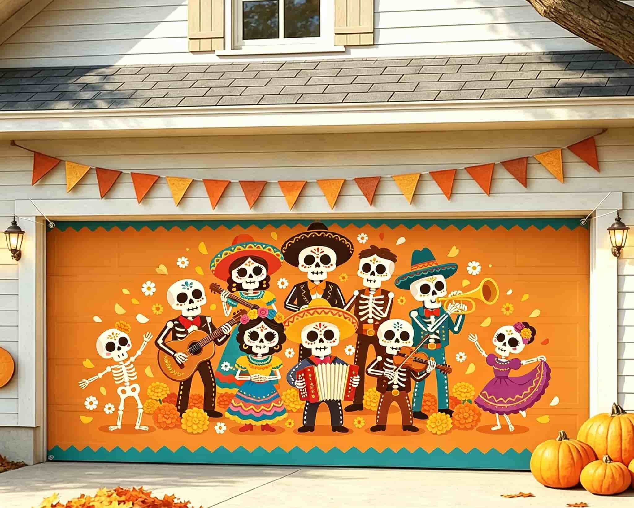 Cute Halloween Garage Door Decor Sugar Skull Mariachi Band Halloween Garage Door Mural CSH67-68-2 car