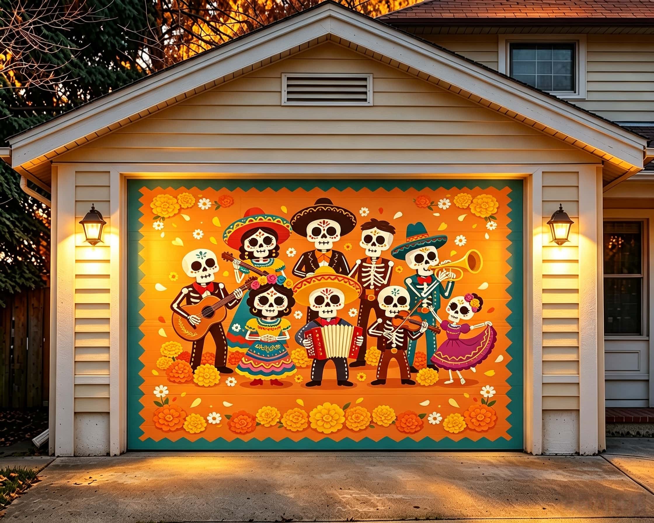 Cute Halloween Garage Door Decor Sugar Skull Mariachi Band Halloween Garage Door Mural CSH67-68-1 car