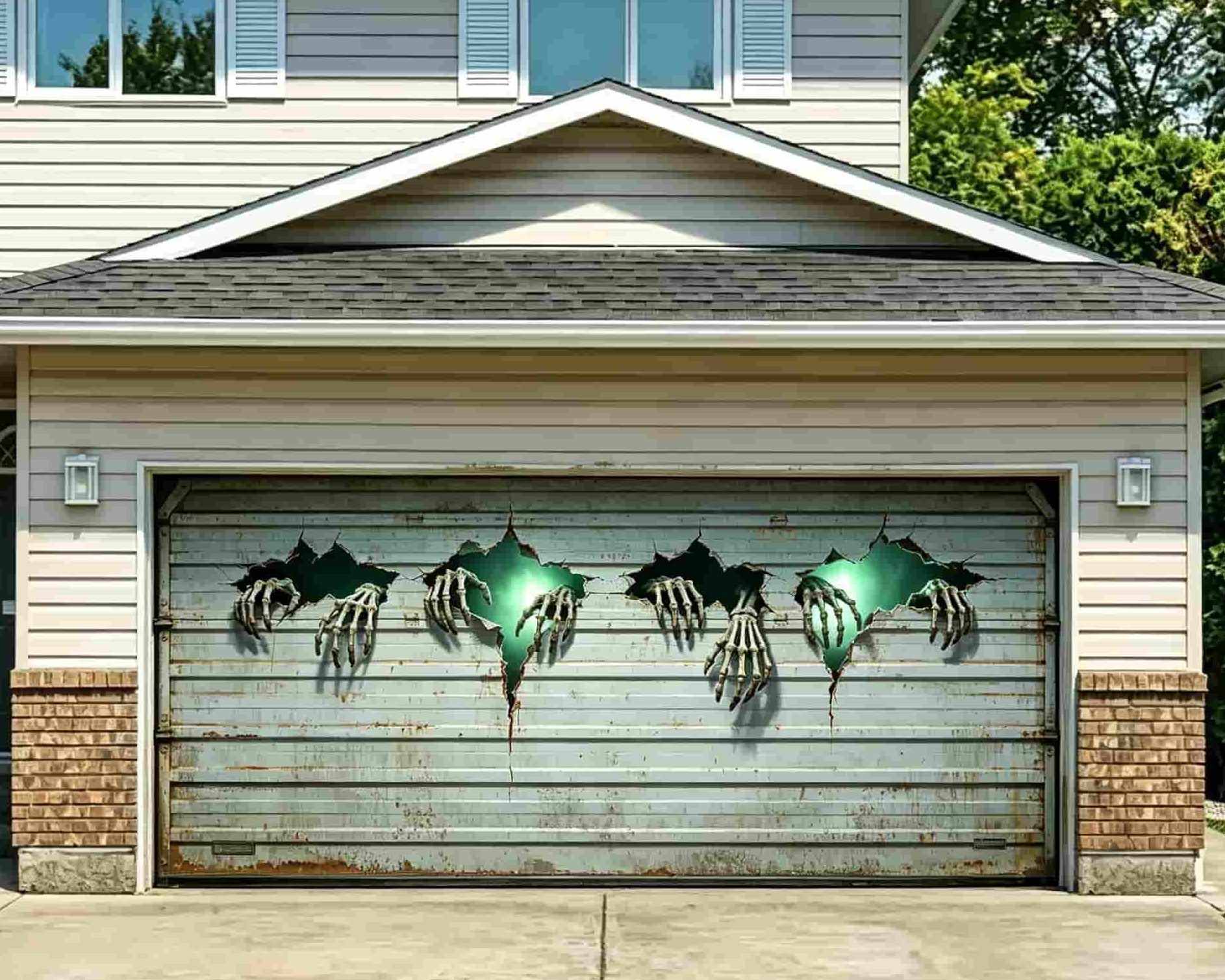 Haunted Halloween Garage Door Banner Glowing Skeleton Hands Breakthrough Halloween Garage Door Backdrop CSH67-69-2 car