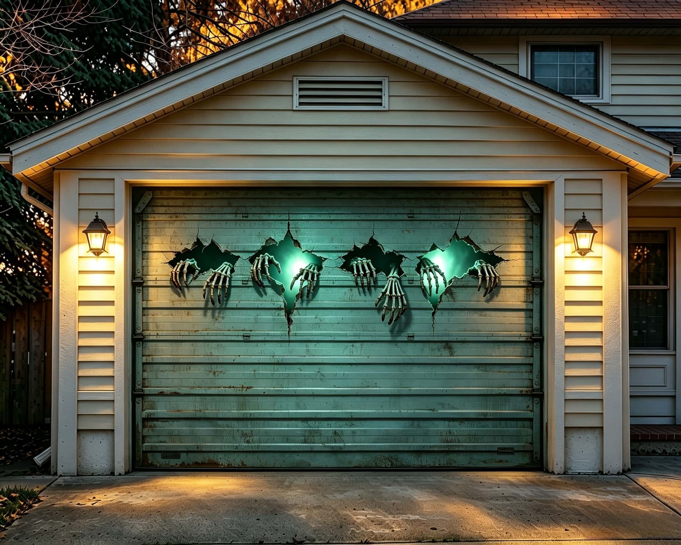 Haunted Halloween Garage Door Banner Glowing Skeleton Hands Breakthrough Halloween Garage Door Backdrop CSH67-69-1 car